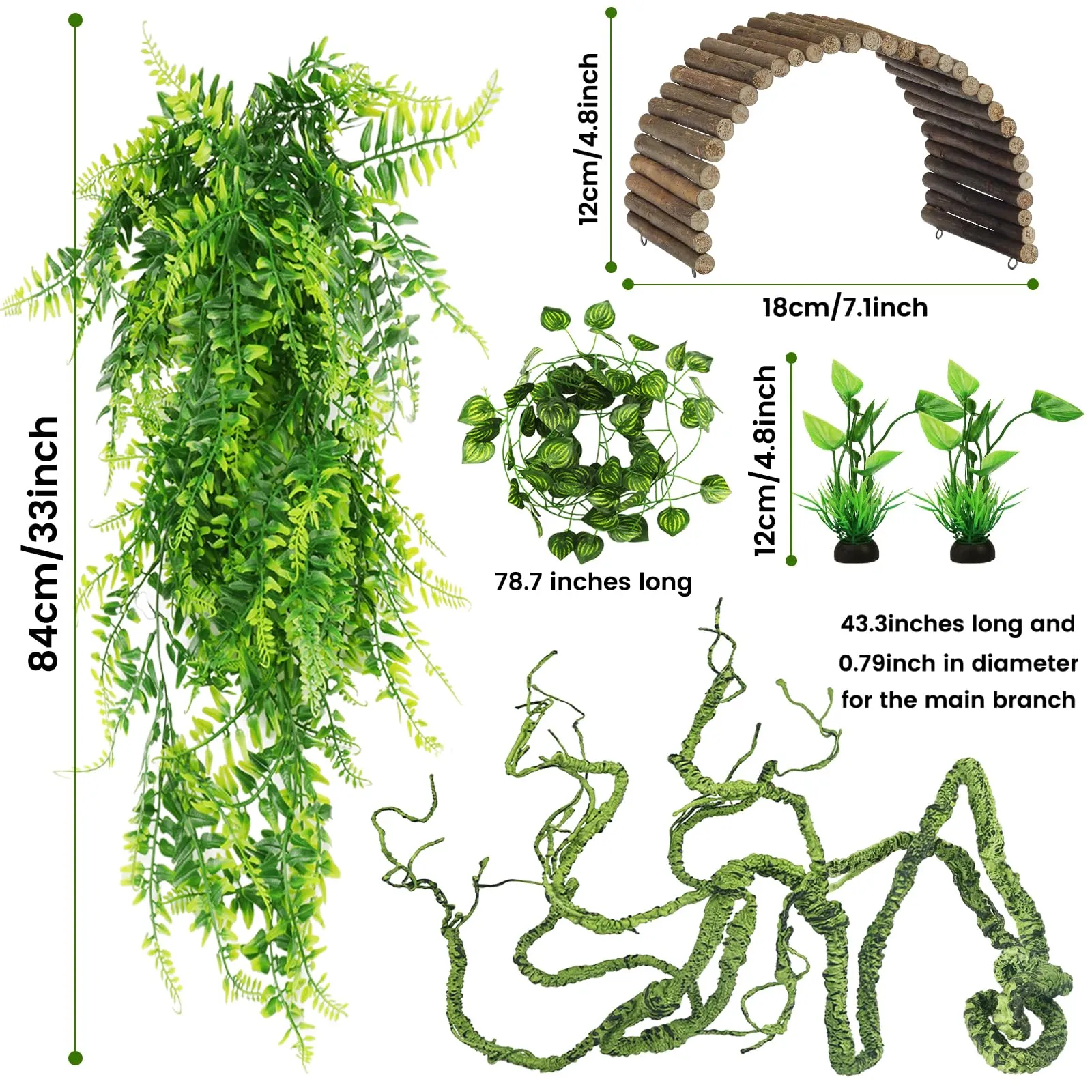 QUOZUO Rettili Piante Artificiali Ponti di Legno Flessibili Terrario Rampicanti Foglie, Pianta Sospesa Accessori per Terrario, Camaleonte Terrario Decorazione per Lucertole, Serpenti - immagine 2