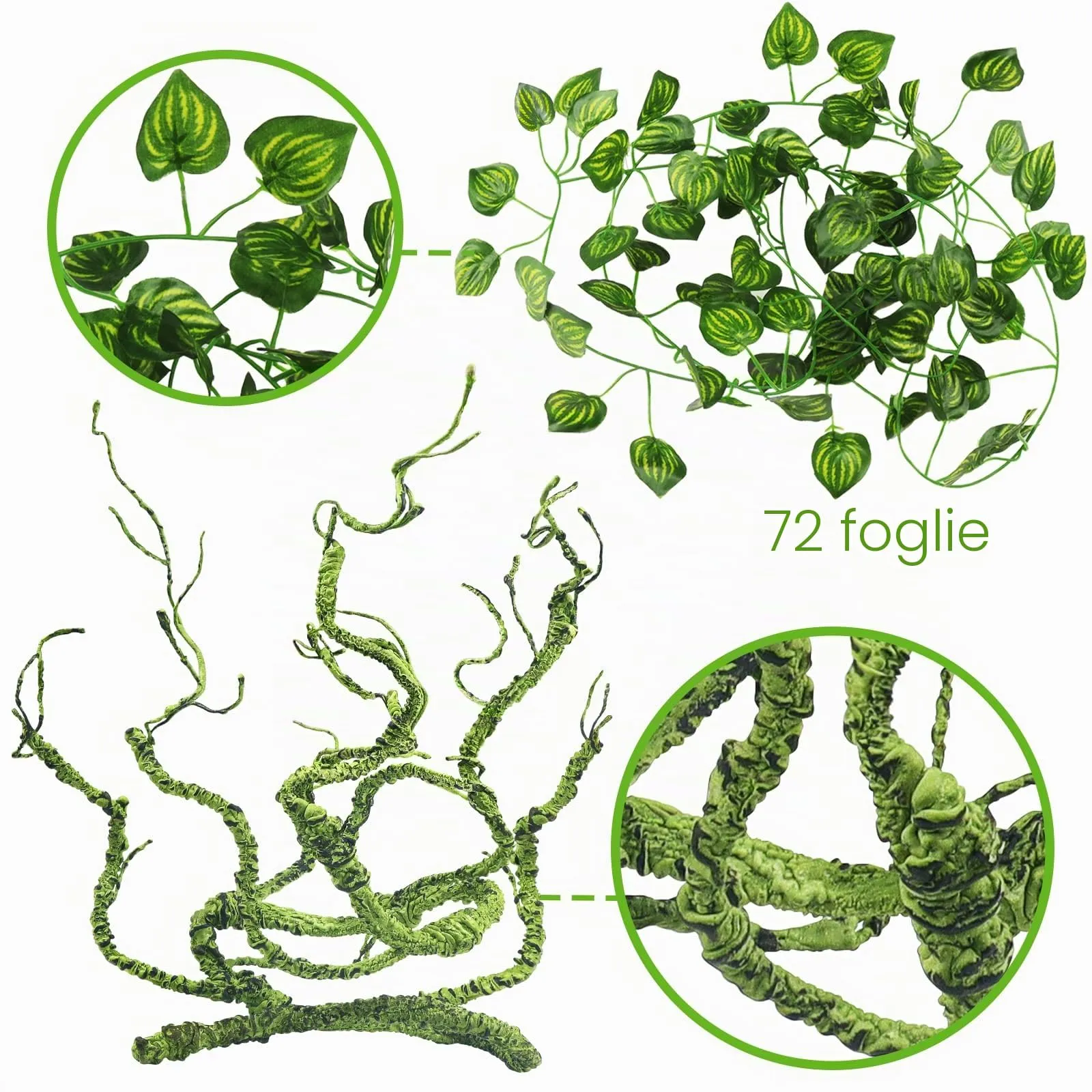 QUOZUO Rettili Piante Artificiali Ponti di Legno Flessibili Terrario Rampicanti Foglie, Pianta Sospesa Accessori per Terrario, Camaleonte Terrario Decorazione per Lucertole, Serpenti - immagine 5