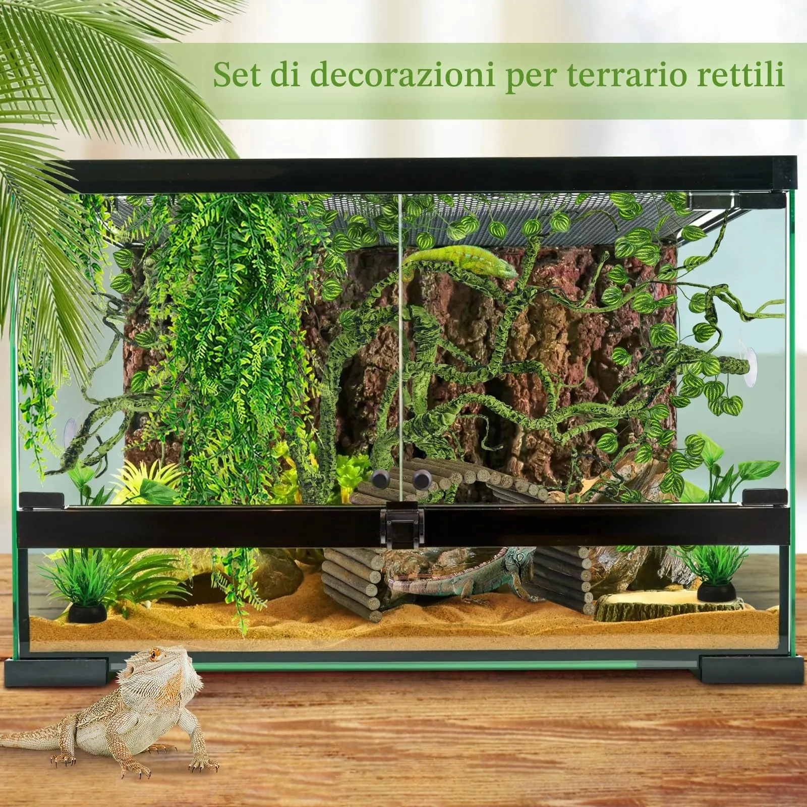 QUOZUO Rettili Piante Artificiali Ponti di Legno Flessibili Terrario Rampicanti Foglie, Pianta Sospesa Accessori per Terrario, Camaleonte Terrario Decorazione per Lucertole, Serpenti - immagine 7