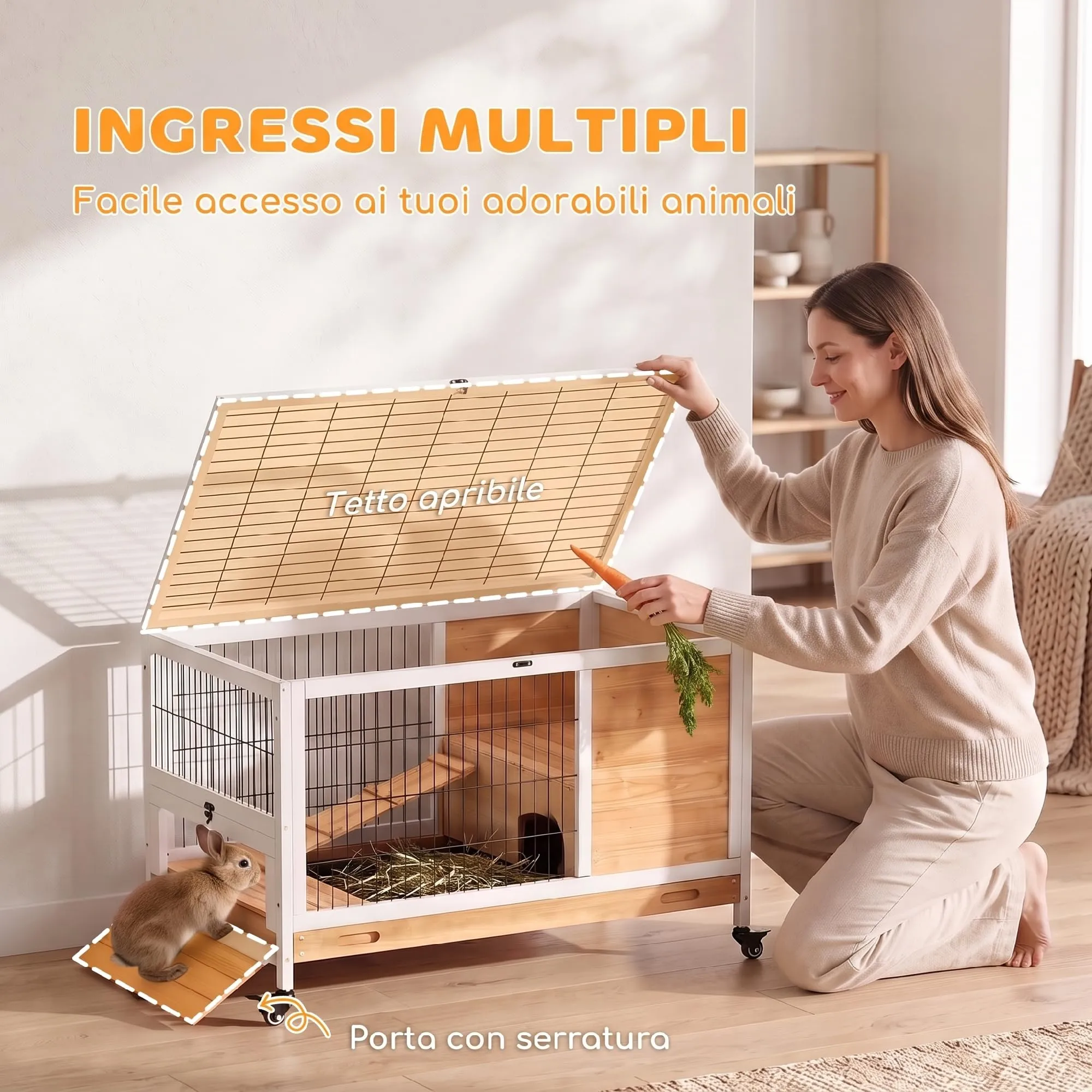 PawHut Gabbietta per Conigli e Porcellini d'India con 4 Ruote Giallo - immagine 4