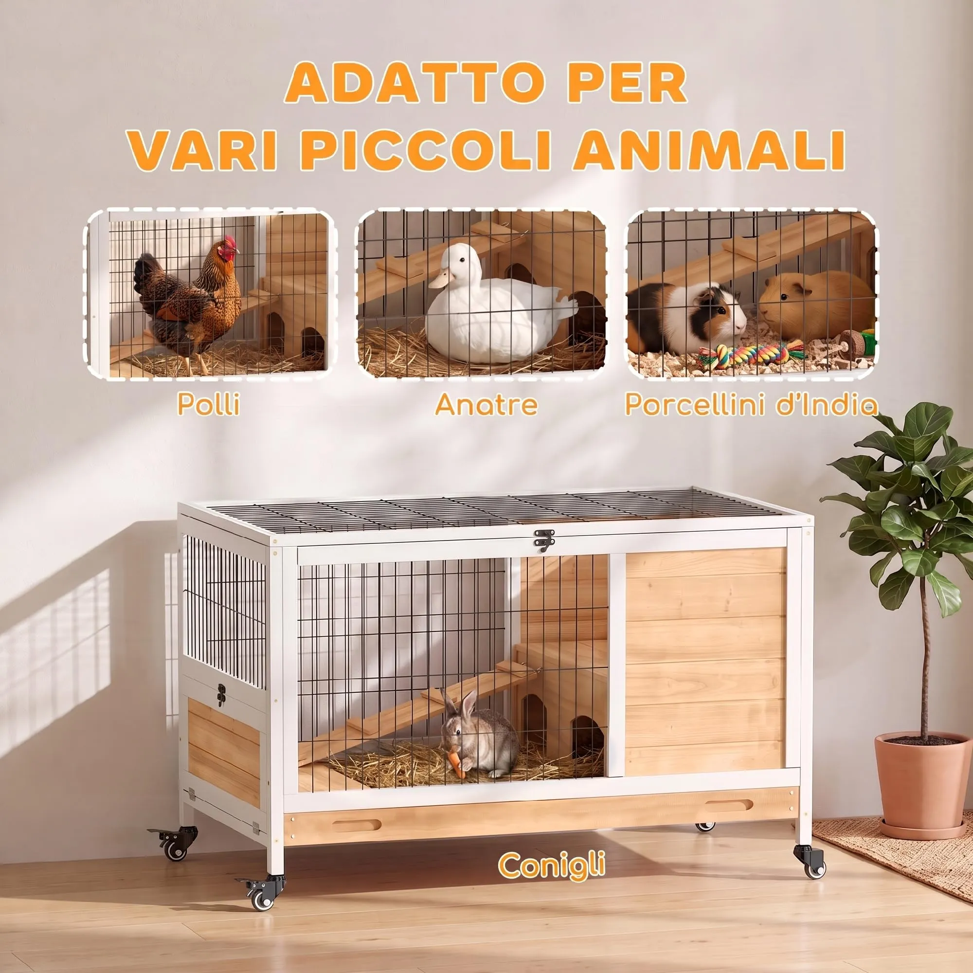 PawHut Gabbietta per Conigli e Porcellini d'India con 4 Ruote Giallo - immagine 7