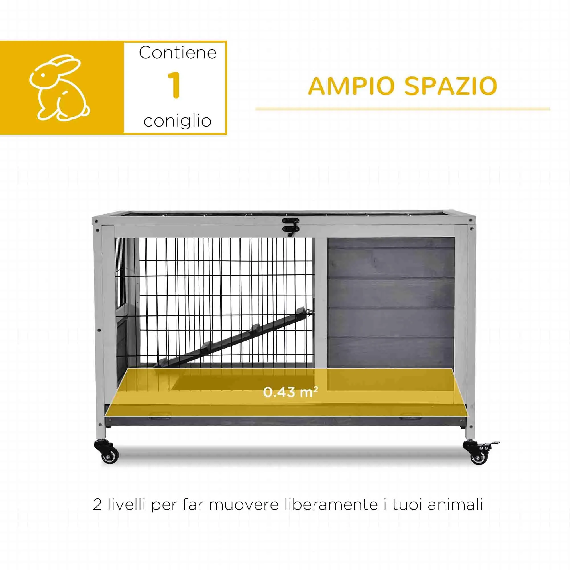 PawHut Gabbietta per Conigli e Porcellini d'India con 4 Ruote Grigio - immagine 3