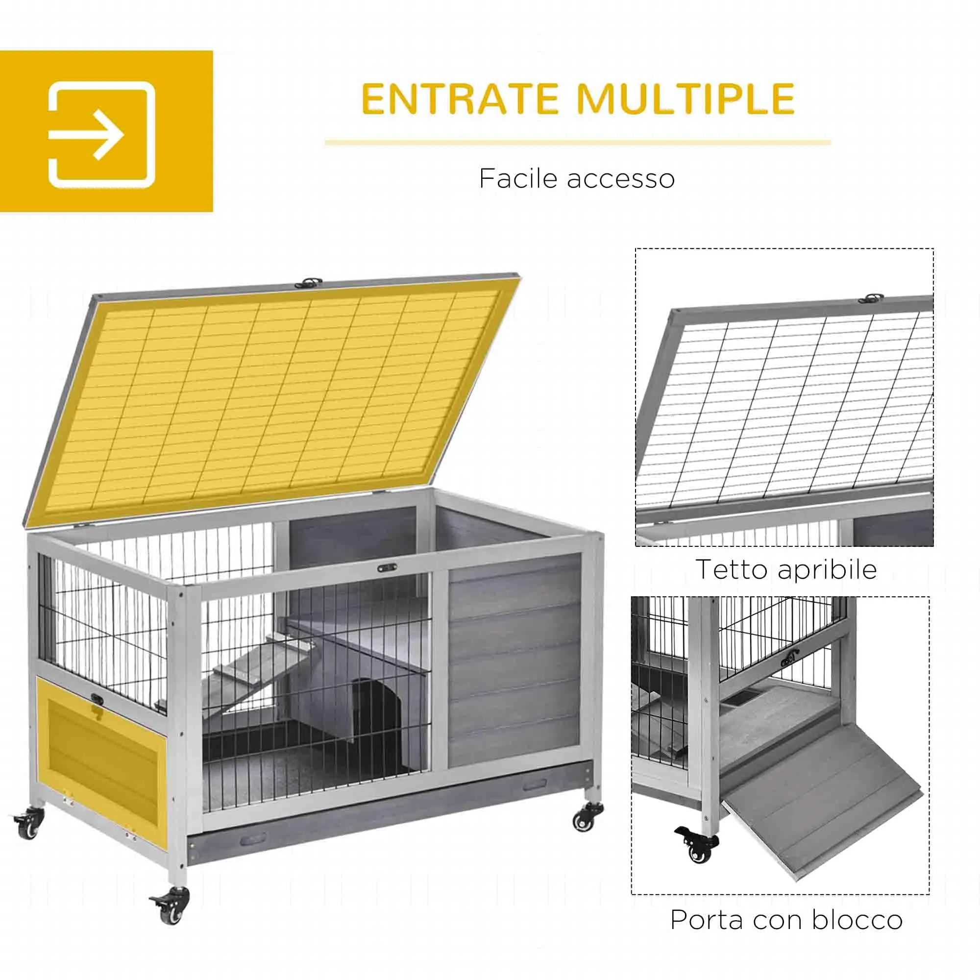 PawHut Gabbietta per Conigli e Porcellini d'India con 4 Ruote Grigio - immagine 4