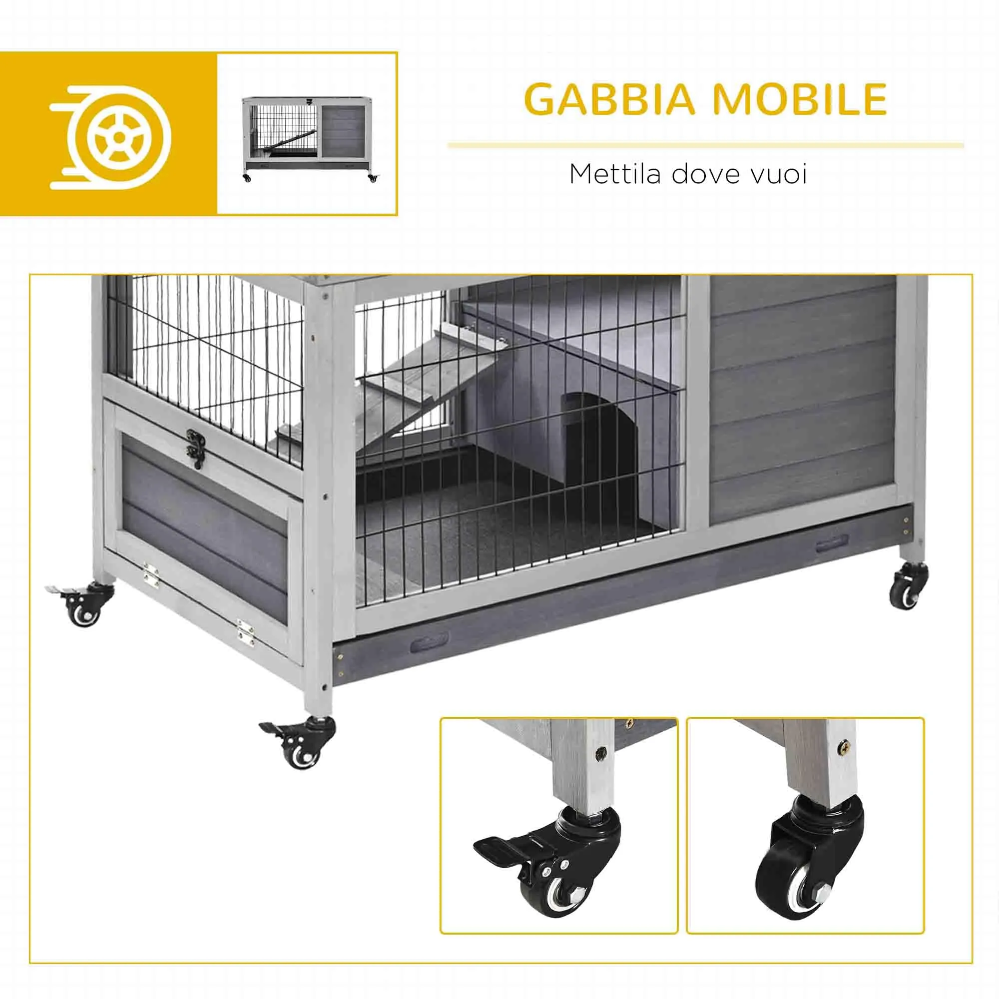 PawHut Gabbietta per Conigli e Porcellini d'India con 4 Ruote Grigio - immagine 6