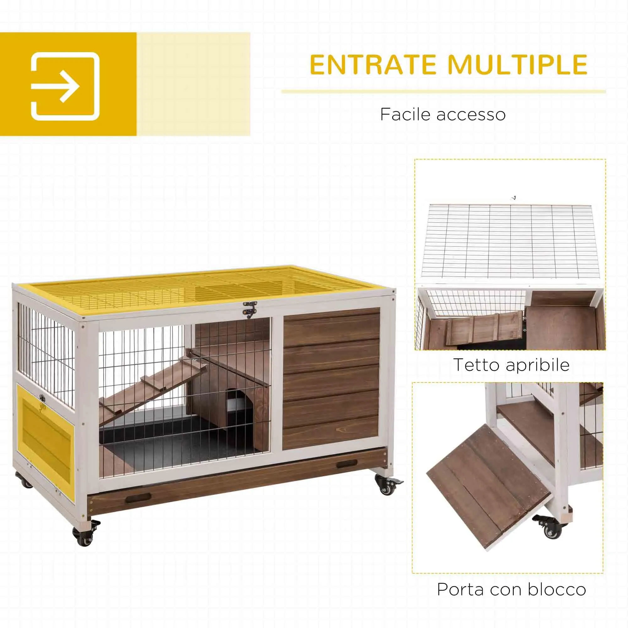 PawHut Gabbietta per Conigli e Porcellini d'India con 4 Ruote Marrone - immagine 4