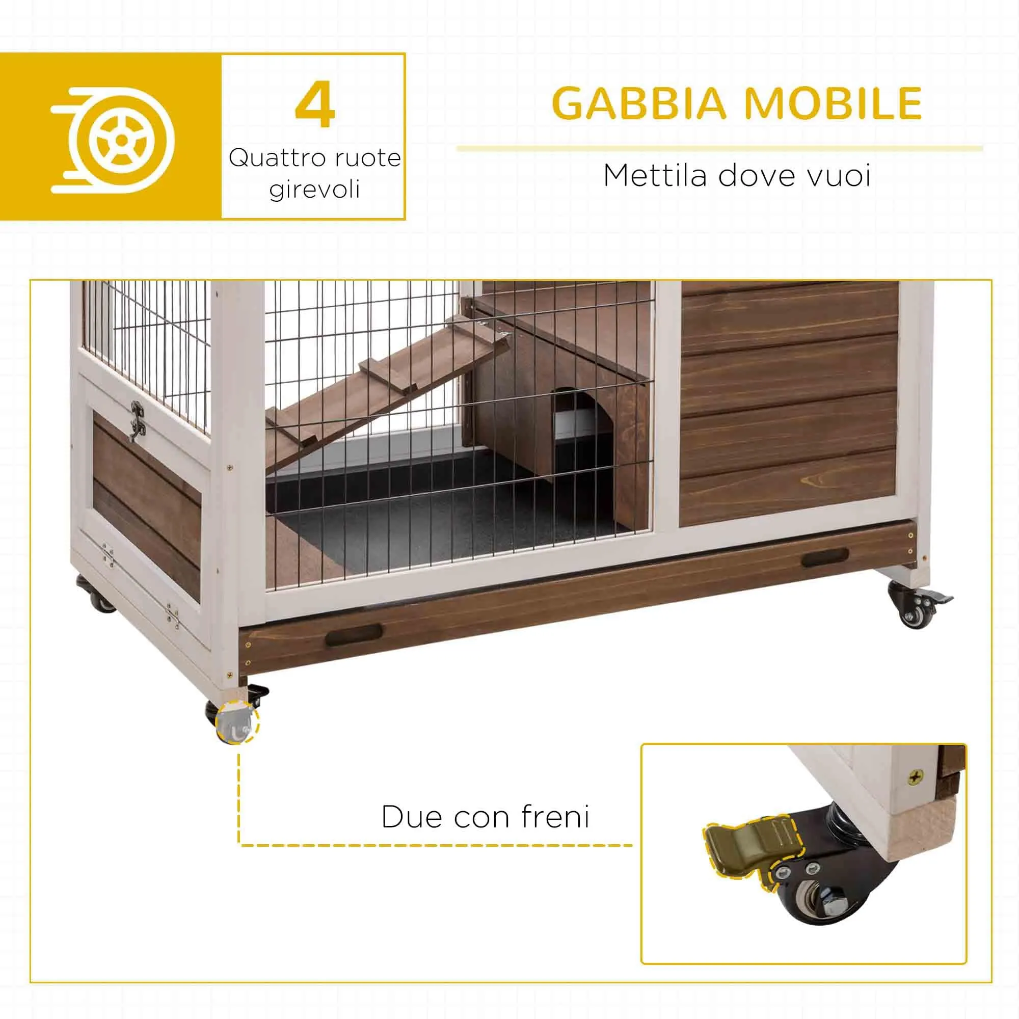 PawHut Gabbietta per Conigli e Porcellini d'India con 4 Ruote Marrone - immagine 6