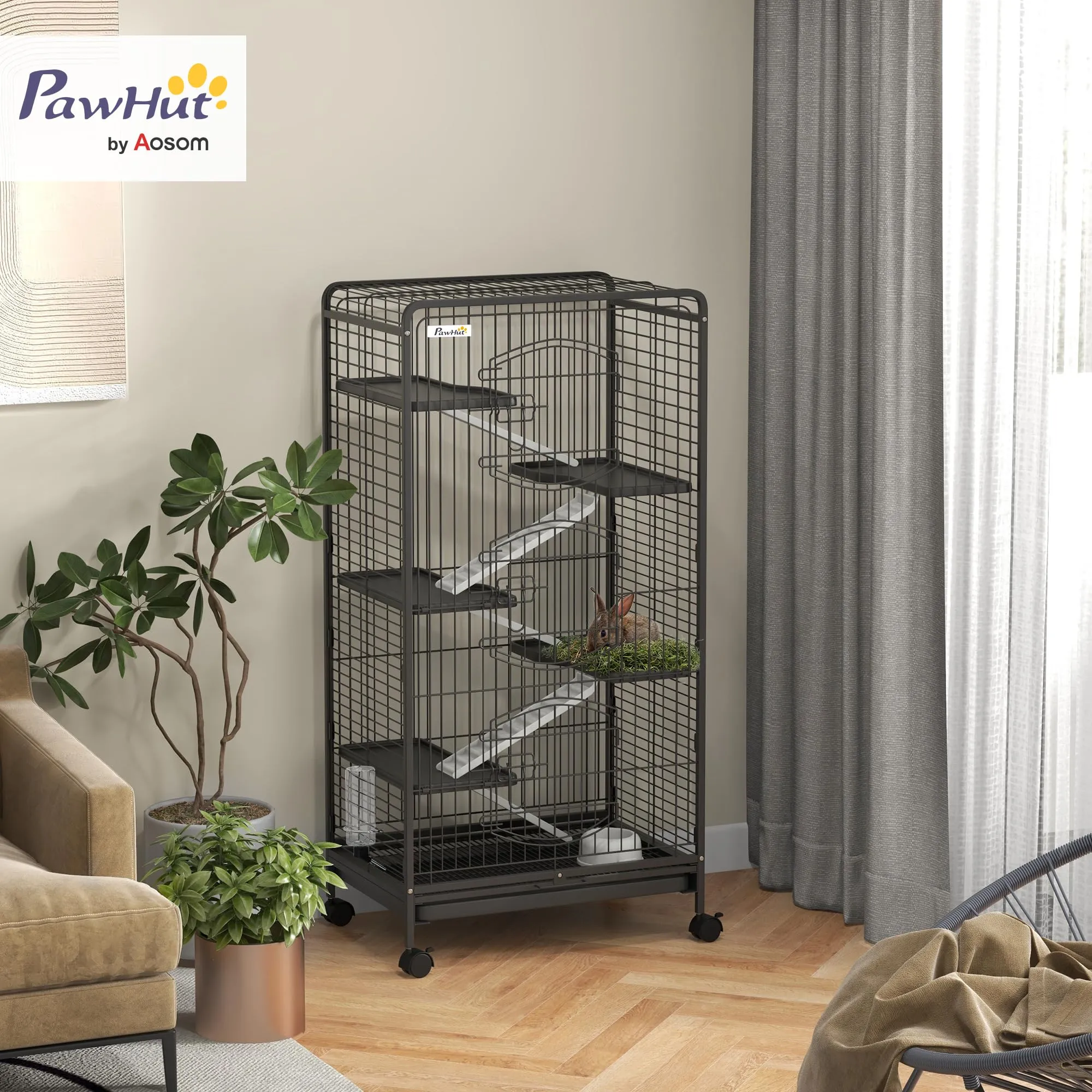 PawHut Gabbia per Piccoli Animali e Piccoli Roditori 61.5x44x131 cm Nero - immagine 2