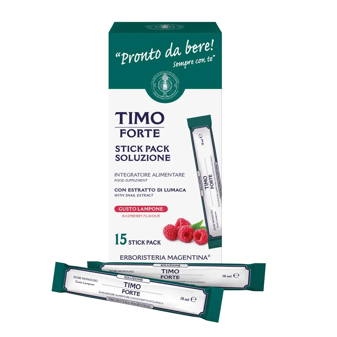 Erboristeria Magentina Timo Forte 15 Stick Pack - Integratore Alimentare con Estratto di Lumaca al Gusto Lampone - per Bambini e Adulti - Espettorante e Fluidificante con Vitamina C - immagine 1