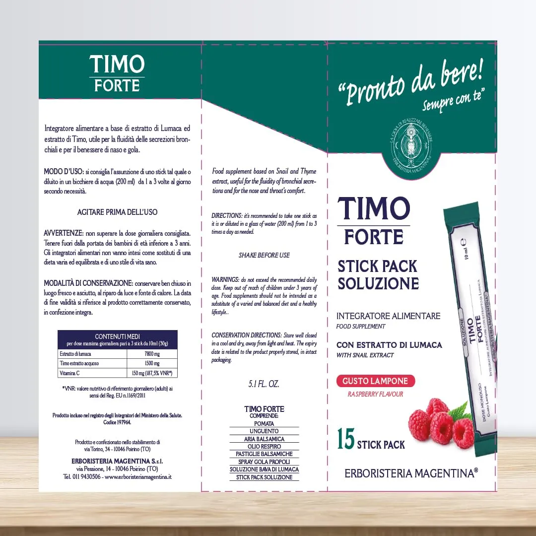 Erboristeria Magentina Timo Forte 15 Stick Pack - Integratore Alimentare con Estratto di Lumaca al Gusto Lampone - per Bambini e Adulti - Espettorante e Fluidificante con Vitamina C - immagine 2