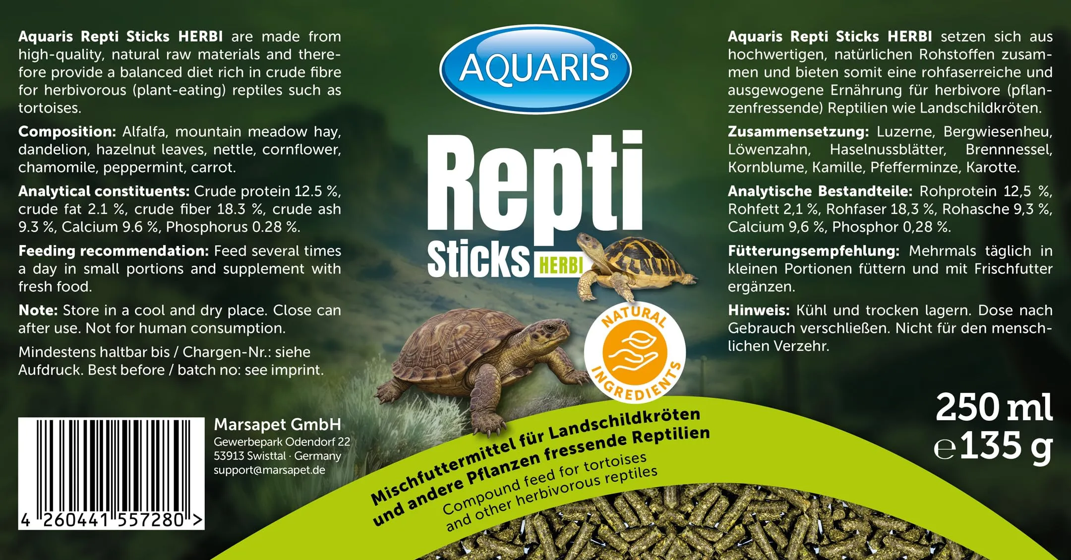 AQUARIS Repti Sticks Herbi – Mangime naturale per tartarughe di terra e rettili erbivori. Cibo completo vegetale, ricco di fibre e vitamine – 250 ml - immagine 4