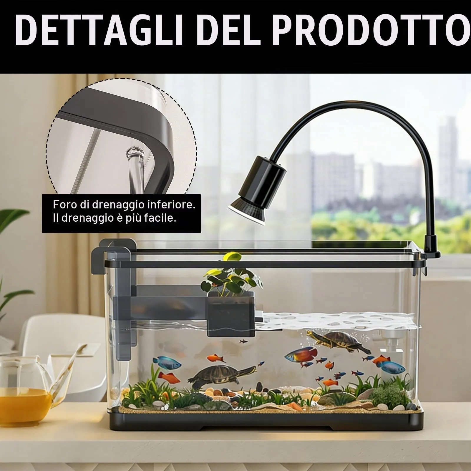 Acquario Tartarughe con Piattaforma Prendisole e Luce, Turtle Tank Piccolo - immagine 2