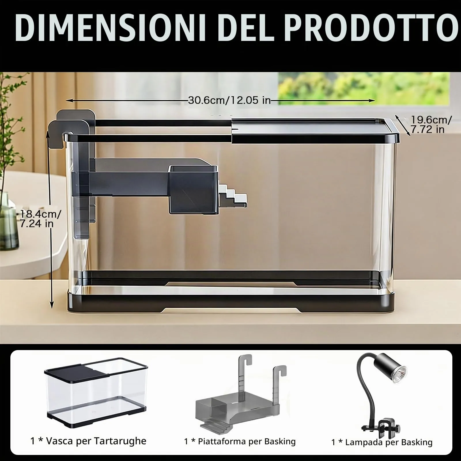 Acquario Tartarughe con Piattaforma Prendisole e Luce, Turtle Tank Piccolo - immagine 3