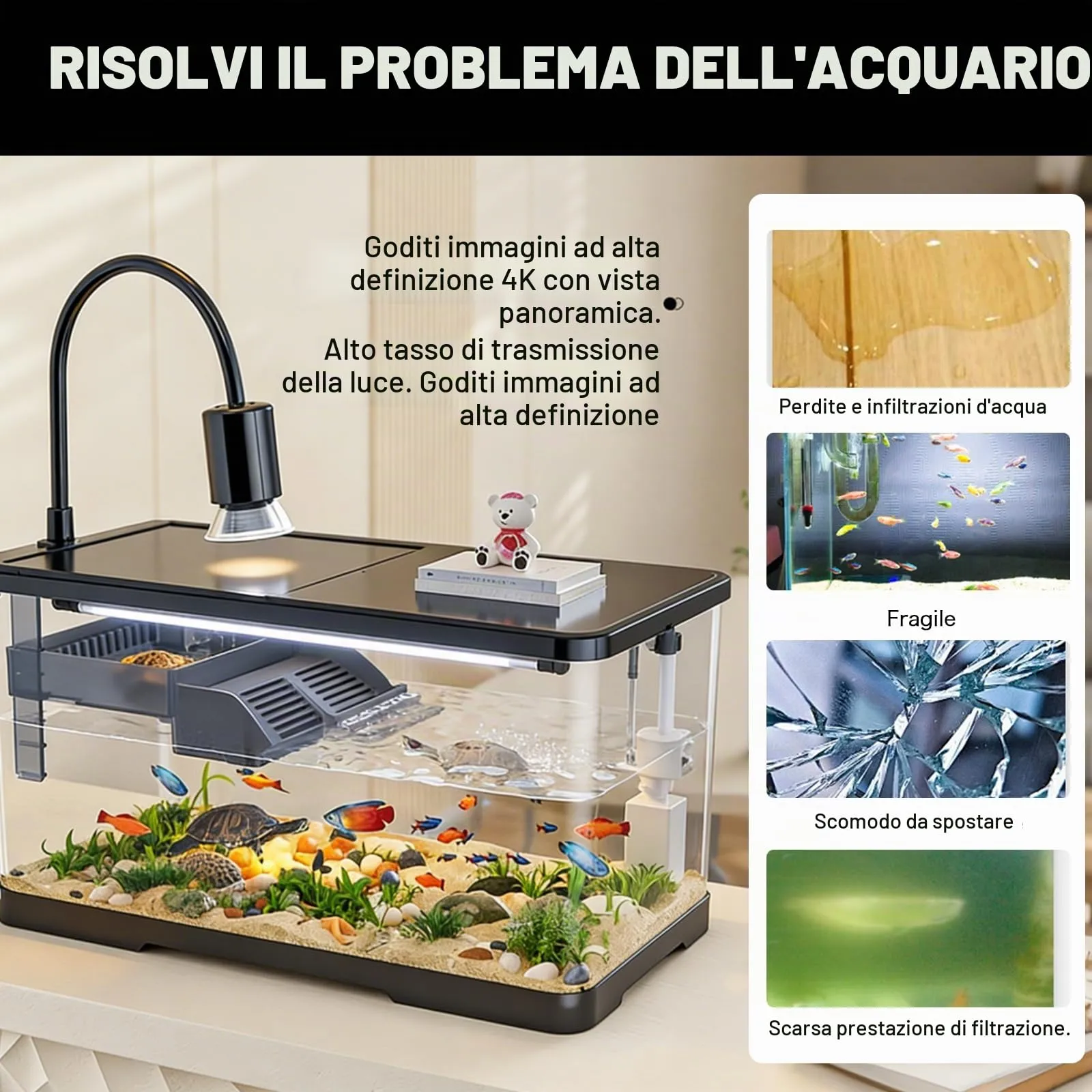 Acquario Tartarughe con Piattaforma Prendisole e Luce, Turtle Tank Piccolo - immagine 4