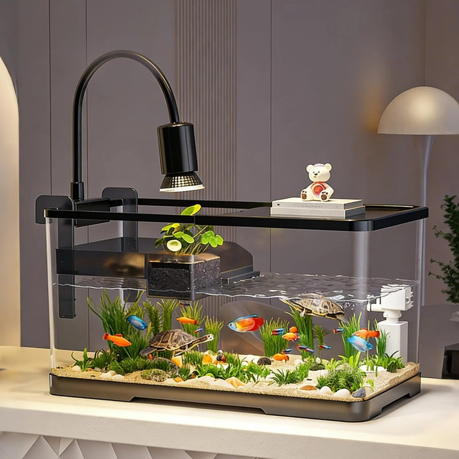 Acquario Tartarughe con Piattaforma Prendisole e Luce, Turtle Tank Piccolo - immagine 6
