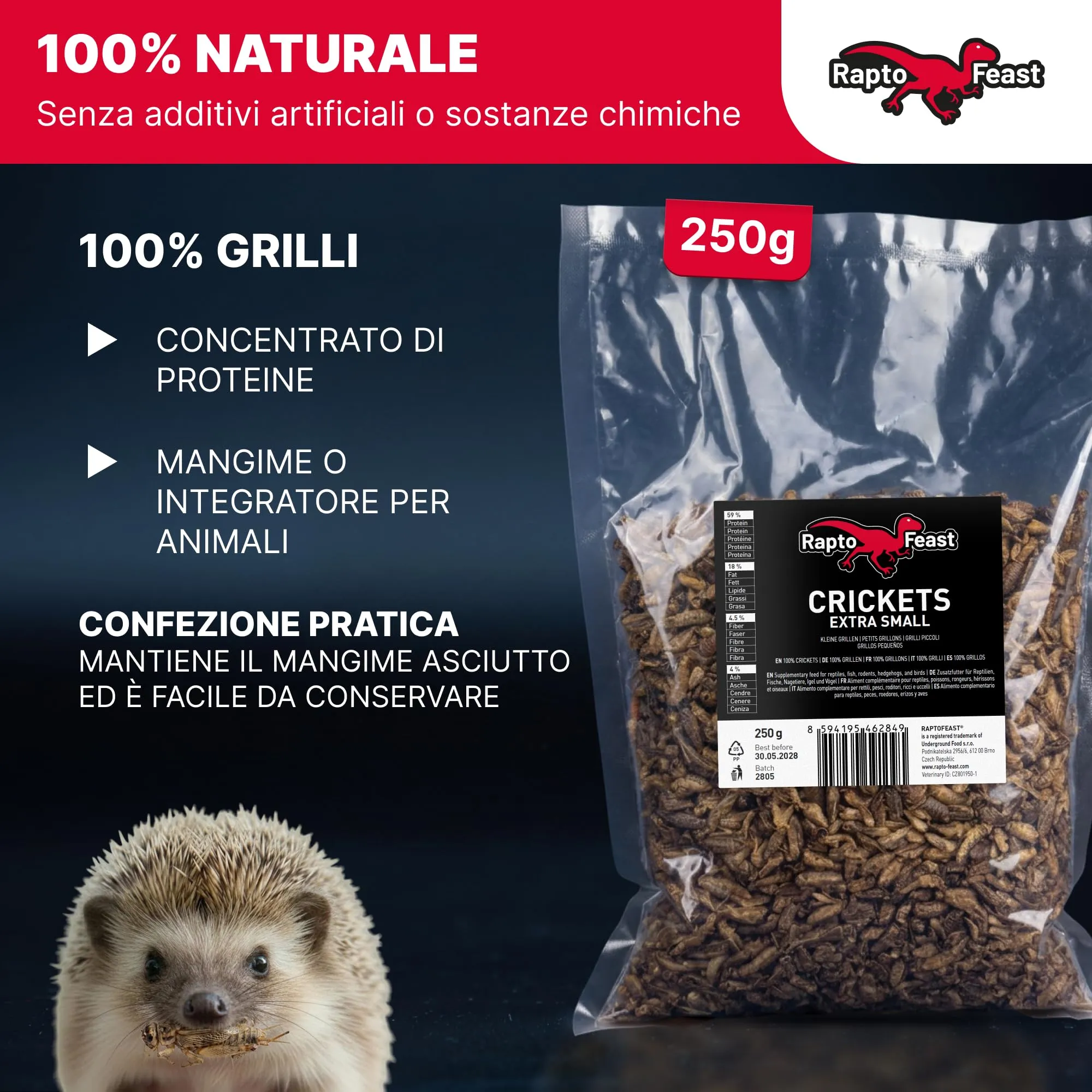Rapto Feast Grilli Essiccati Extra Piccoli 250g - Mangime Naturale | Insetti Ricchi di Proteine | Rettili, Tartarughe, Ricci e Piccoli Mammiferi | Snack Occasionale per Gechi e Draghi Barbuti - immagine 2