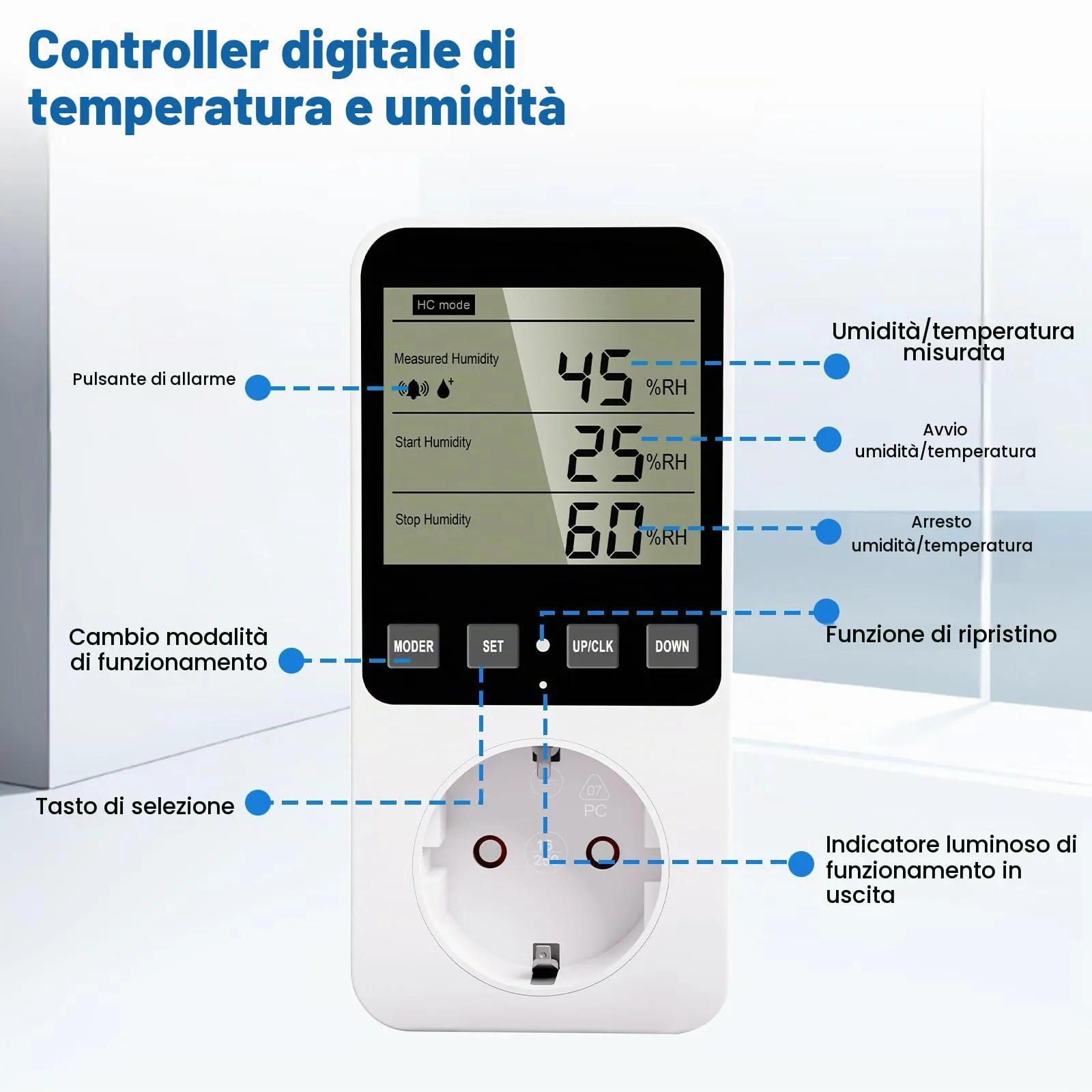 Regolatore di Temperatura Presa 230 V con Sensore Igrostato Digitale Regolatore di Umidità con Allarme per Umidificatore Deumidificatore Terrario - immagine 2