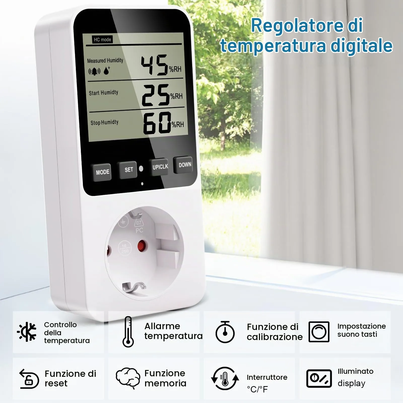 Regolatore di Temperatura Presa 230 V con Sensore Igrostato Digitale Regolatore di Umidità con Allarme per Umidificatore Deumidificatore Terrario - immagine 3