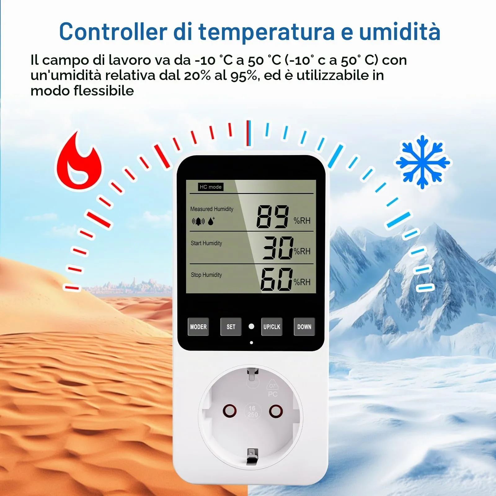 Regolatore di Temperatura Presa 230 V con Sensore Igrostato Digitale Regolatore di Umidità con Allarme per Umidificatore Deumidificatore Terrario - immagine 5