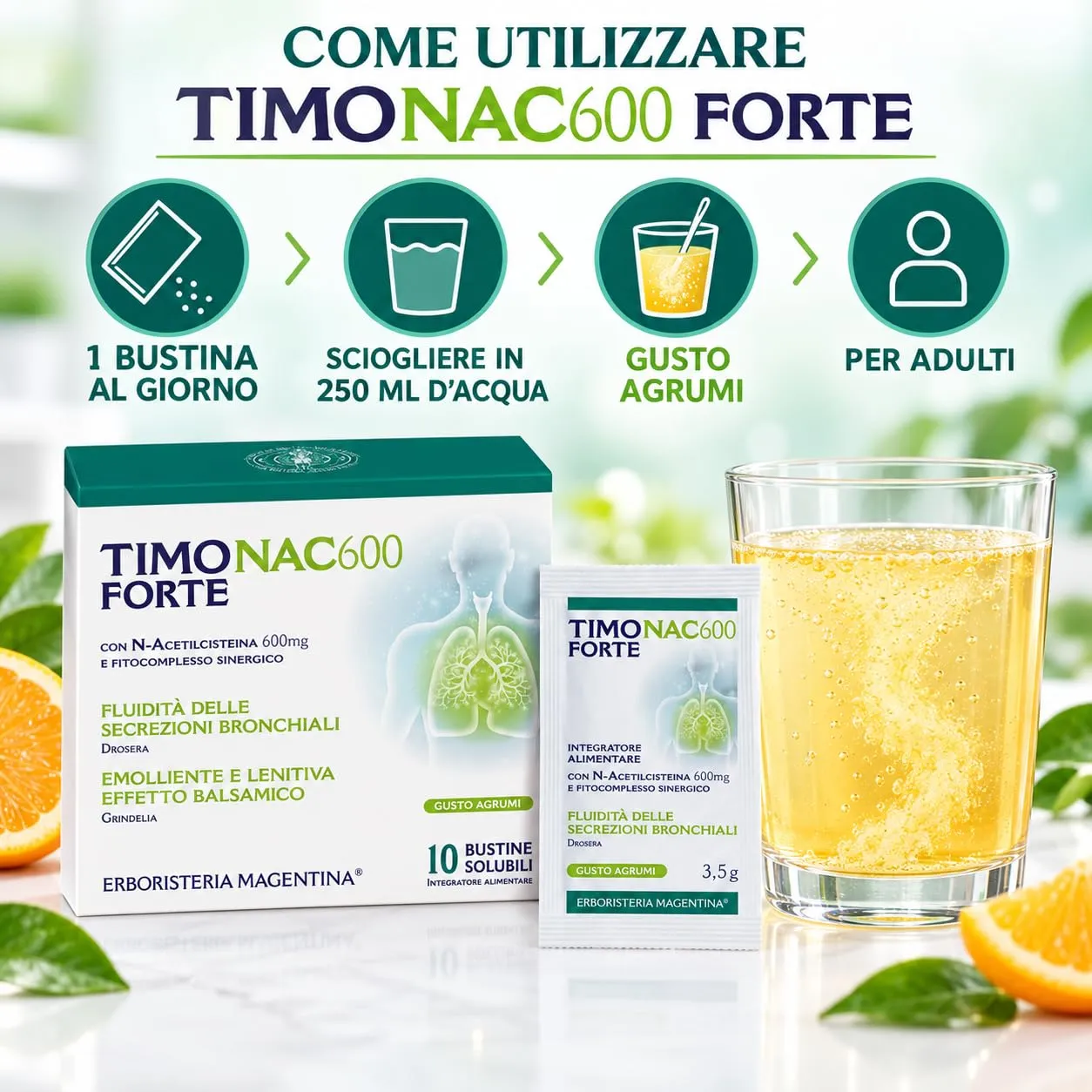 Erboristeria Magentina Timo Forte NAC 600, Integratore con N-Acetilcisteina 600 mg, Vitamina C, Zinco e Bromelina, Gusto Arancio e Limone, 10 Bustine - immagine 2
