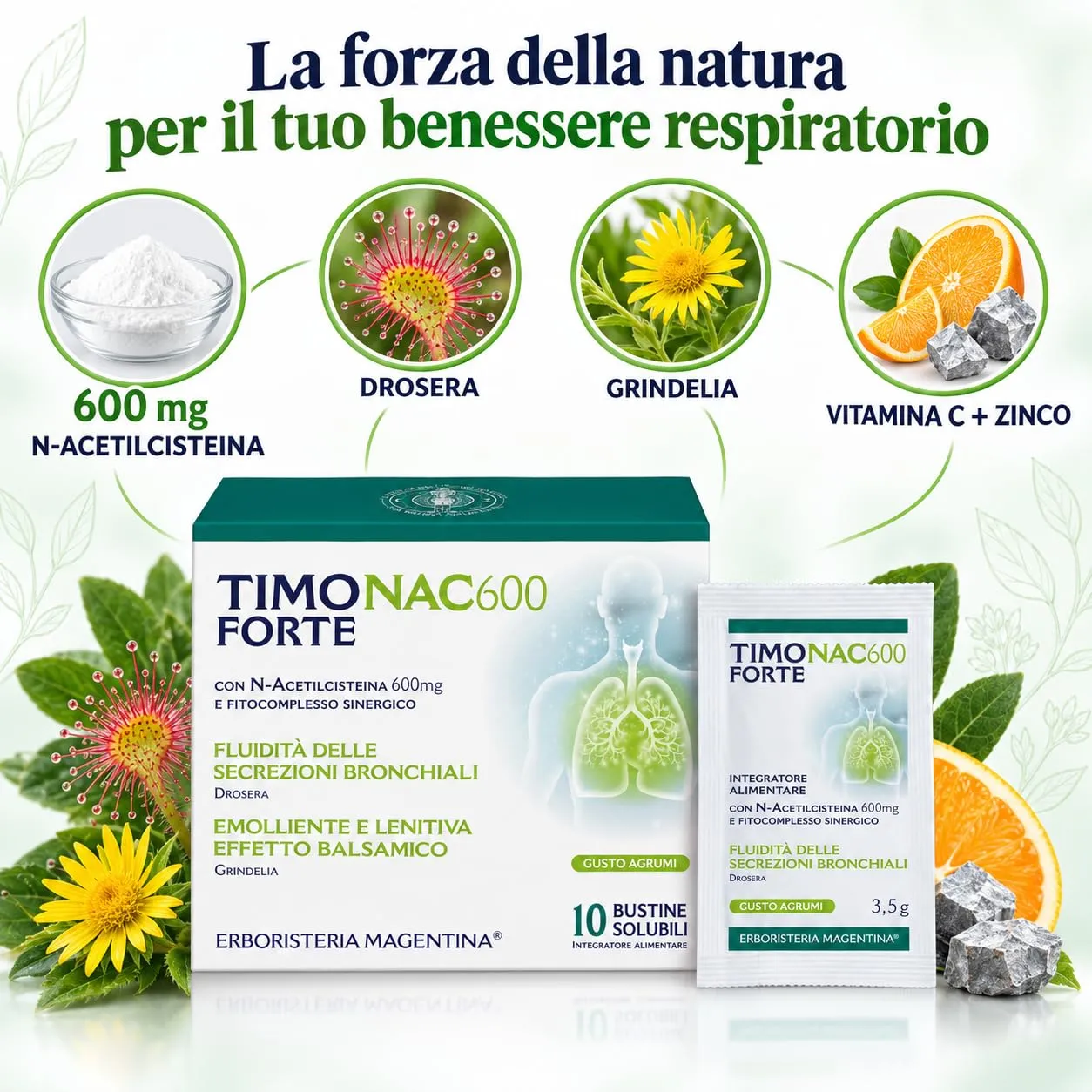 Erboristeria Magentina Timo Forte NAC 600, Integratore con N-Acetilcisteina 600 mg, Vitamina C, Zinco e Bromelina, Gusto Arancio e Limone, 10 Bustine - immagine 3
