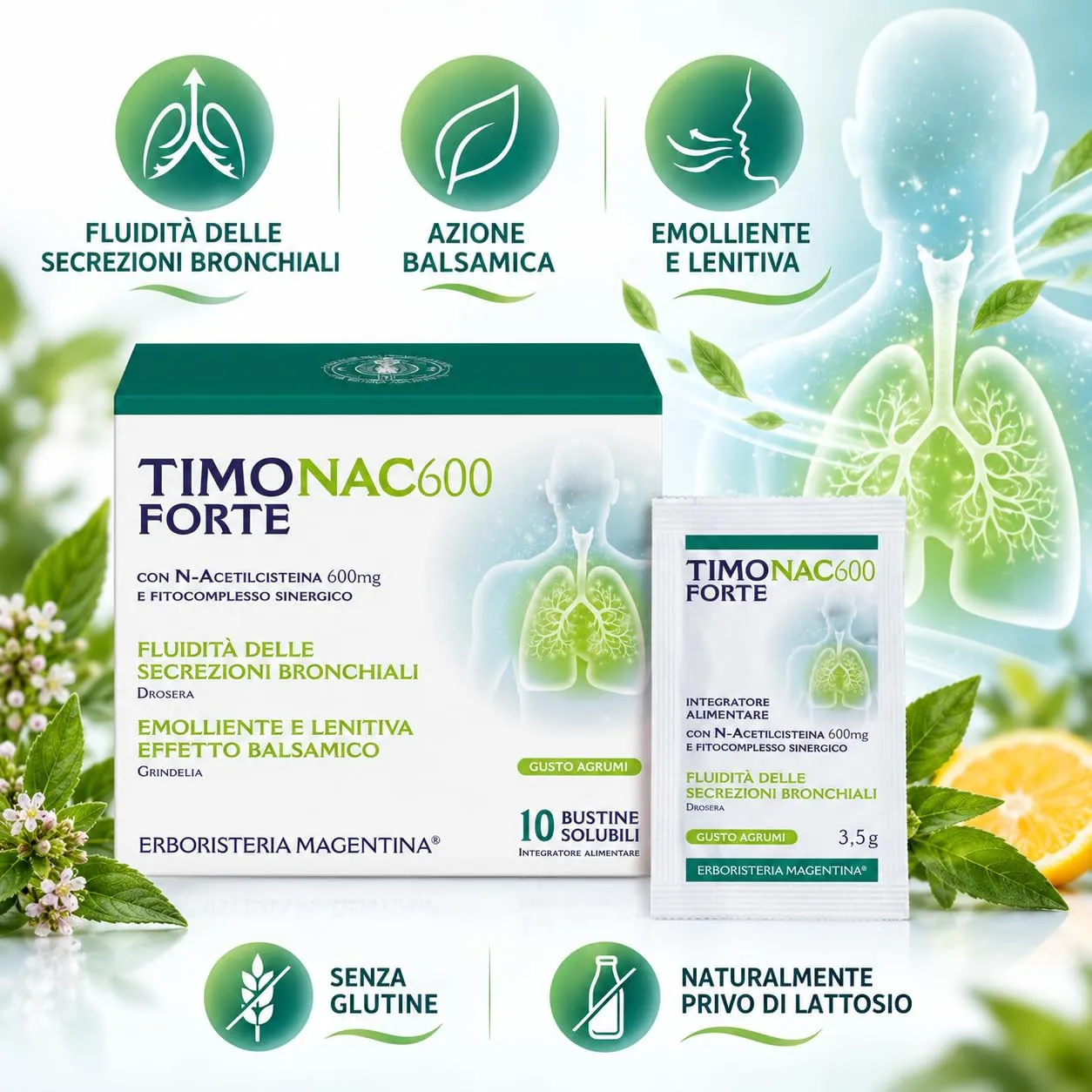 Erboristeria Magentina Timo Forte NAC 600, Integratore con N-Acetilcisteina 600 mg, Vitamina C, Zinco e Bromelina, Gusto Arancio e Limone, 10 Bustine - immagine 4