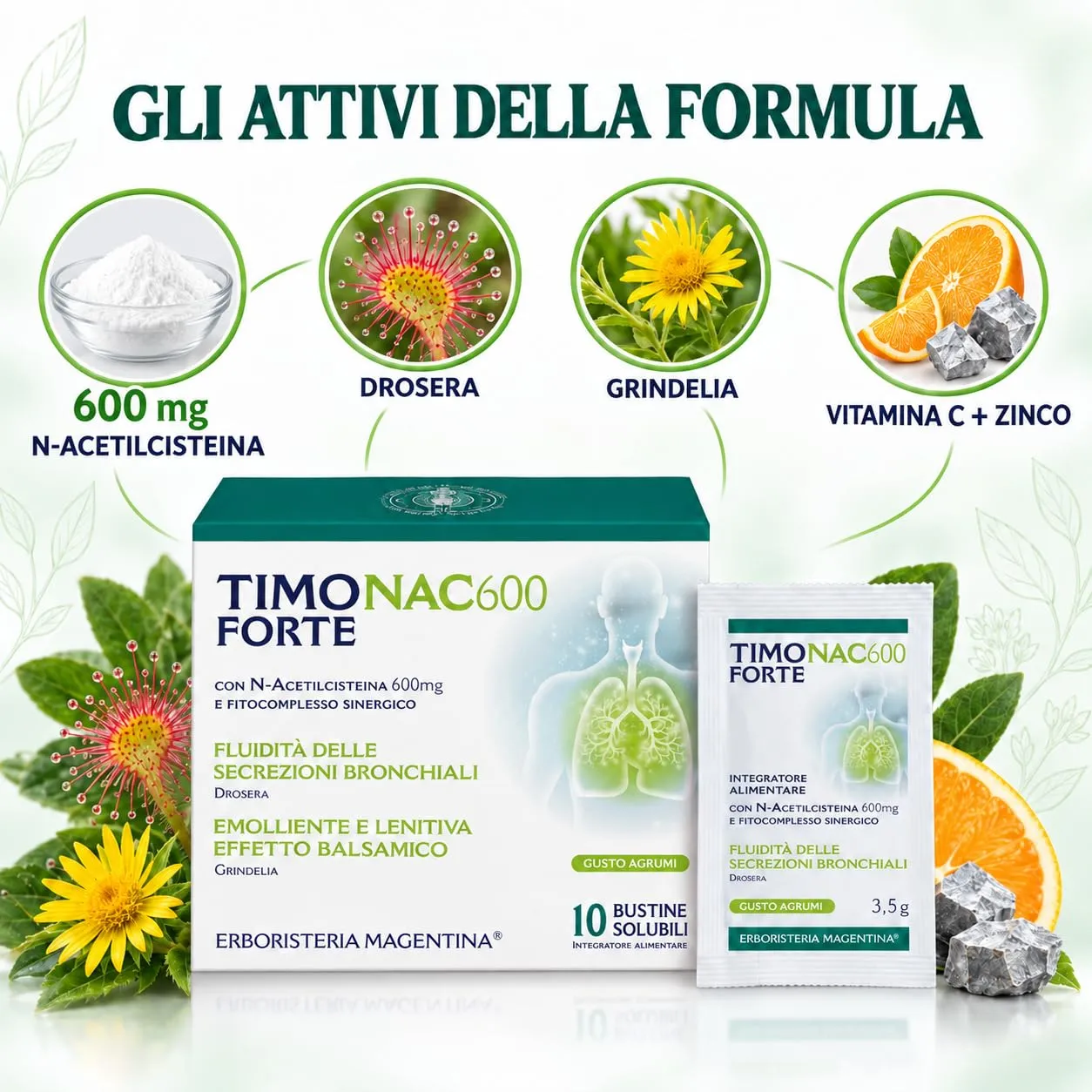 Erboristeria Magentina Timo Forte NAC 600, Integratore con N-Acetilcisteina 600 mg, Vitamina C, Zinco e Bromelina, Gusto Arancio e Limone, 10 Bustine - immagine 5