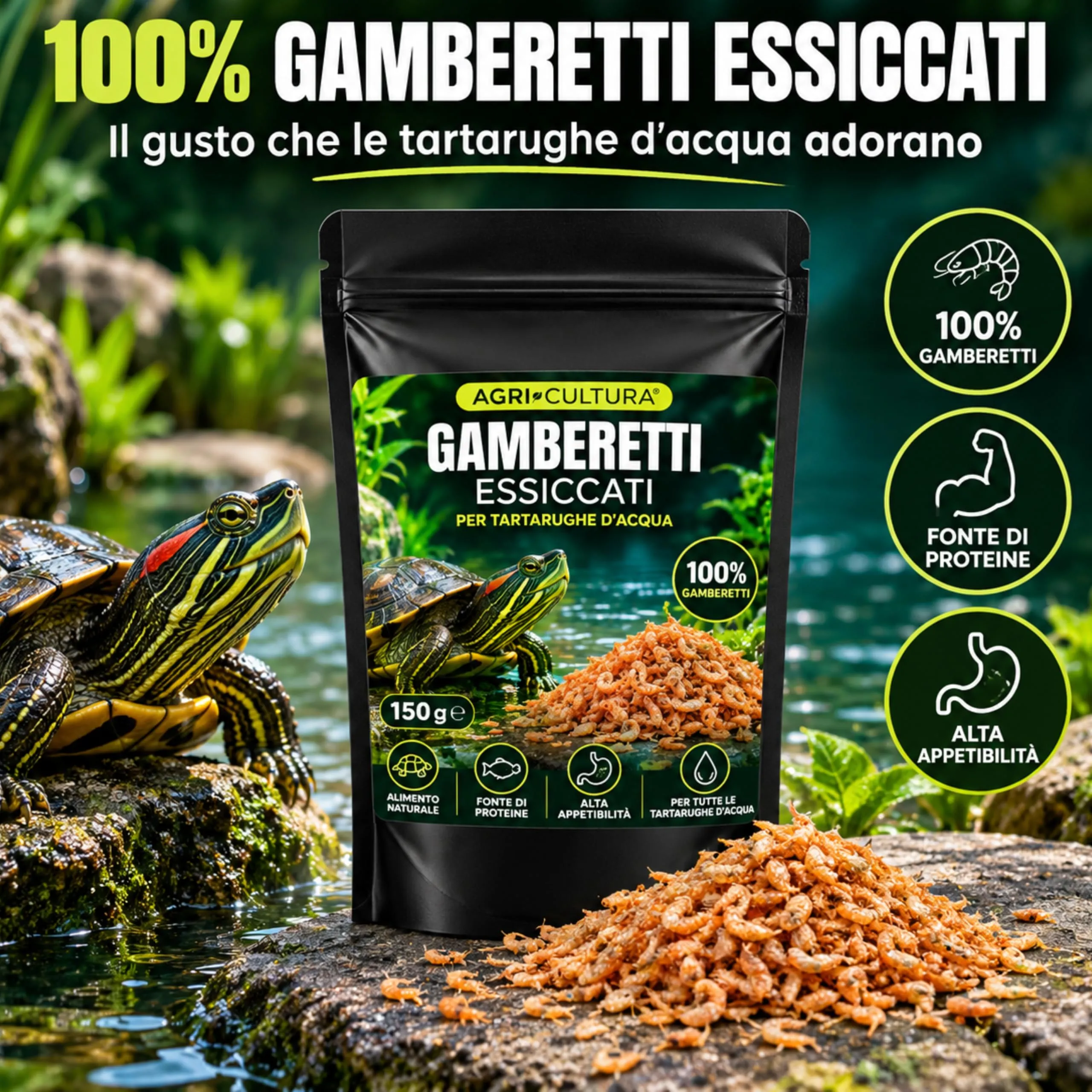 AGRI-CULTURA® | Gamberetti Essiccati per Tartarughe d’Acqua 150 g | 100% Gamberetti | Mangime Semplice Naturale, Fonte di Proteine e Alta Appetibilità | Alimento per Tartarughe Acquatiche. - immagine 2