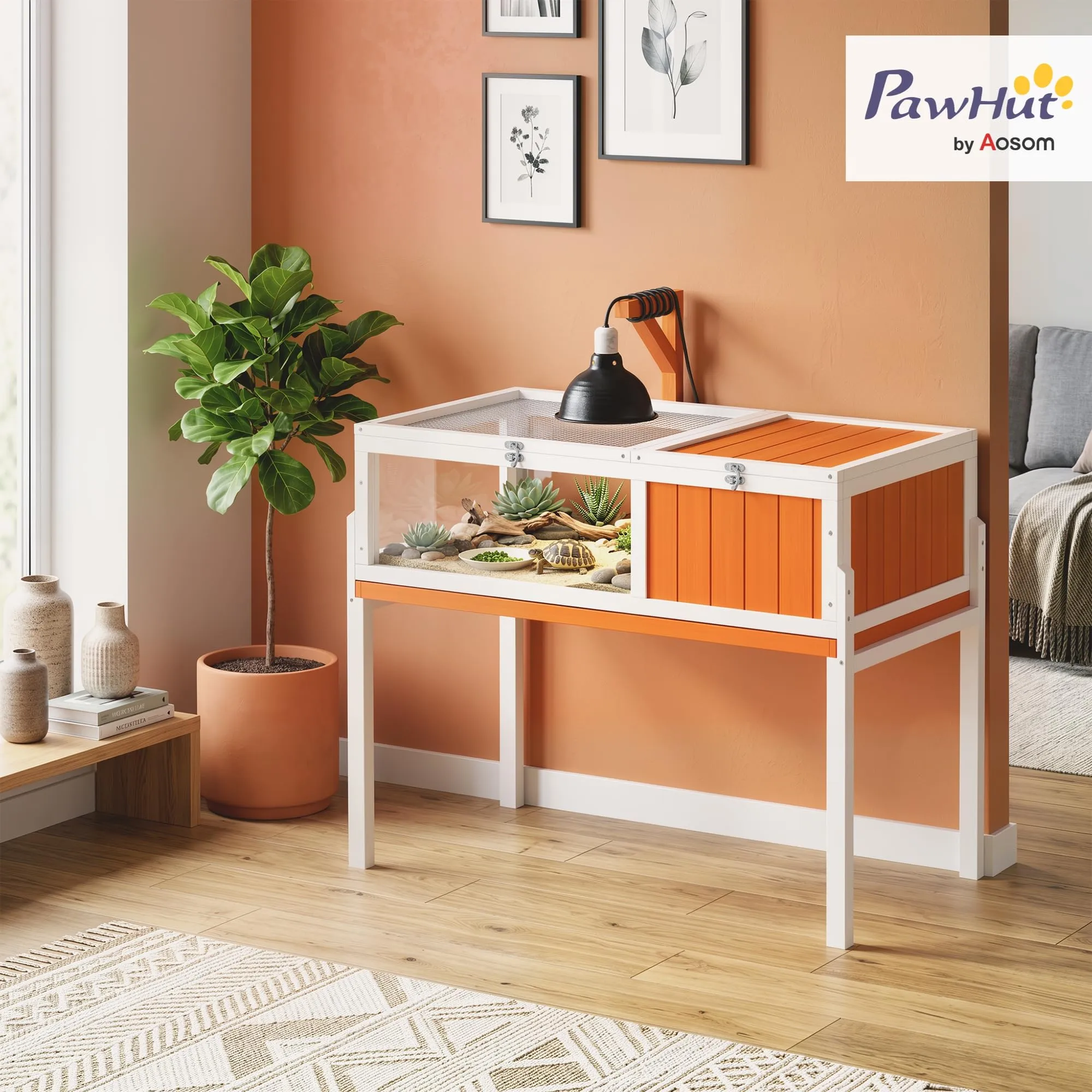 PawHut Casetta Tartarughe Rialzata Divisorio 104x53x82cm Arancione e Bianco - immagine 2