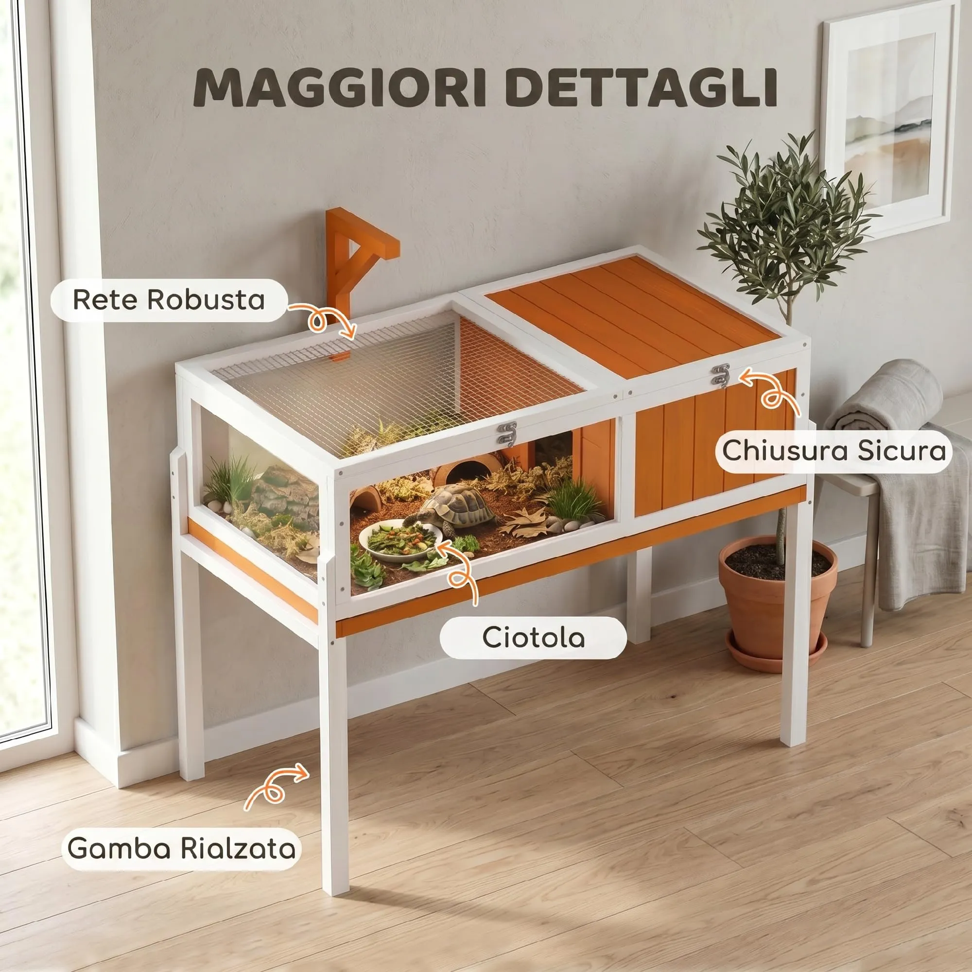 PawHut Casetta Tartarughe Rialzata Divisorio 104x53x82cm Arancione e Bianco - immagine 8