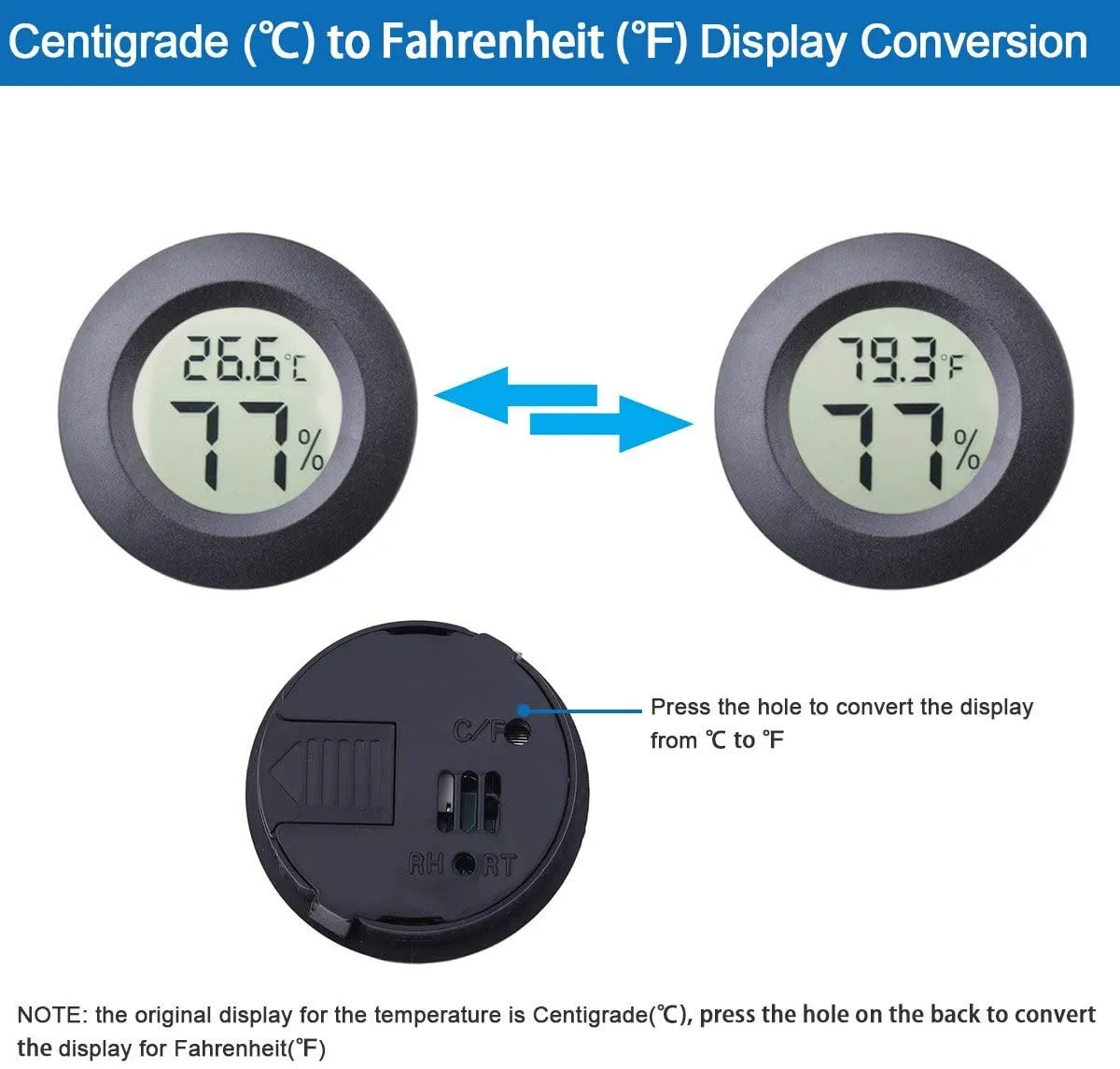 ZHITING Mini Termometro Digitale, Monitor LCD Misuratore di Umidità per Interni Esterni per Umidificatori Deumidificatori Serra Seminterrato Babyroom Fahrenheit o Celsius (Black-2 PCS) - immagine 8