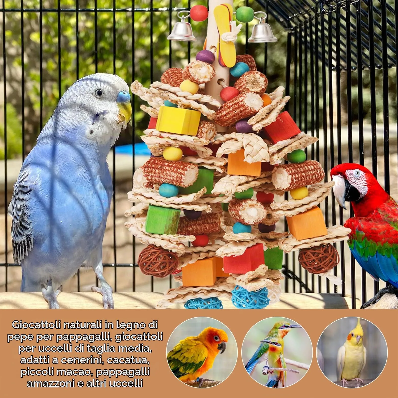 giochi per pappagalli, colorato Giocattoli Pappagallo di Uccelli in Corda, Giocattoli per Gabbia da Masticare con campanelle per Cockatiels, Pappagallini e Uccelli Adorabili - immagine 4