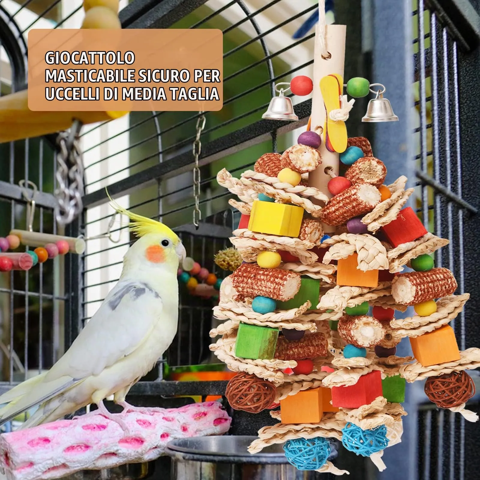 giochi per pappagalli, colorato Giocattoli Pappagallo di Uccelli in Corda, Giocattoli per Gabbia da Masticare con campanelle per Cockatiels, Pappagallini e Uccelli Adorabili - immagine 6