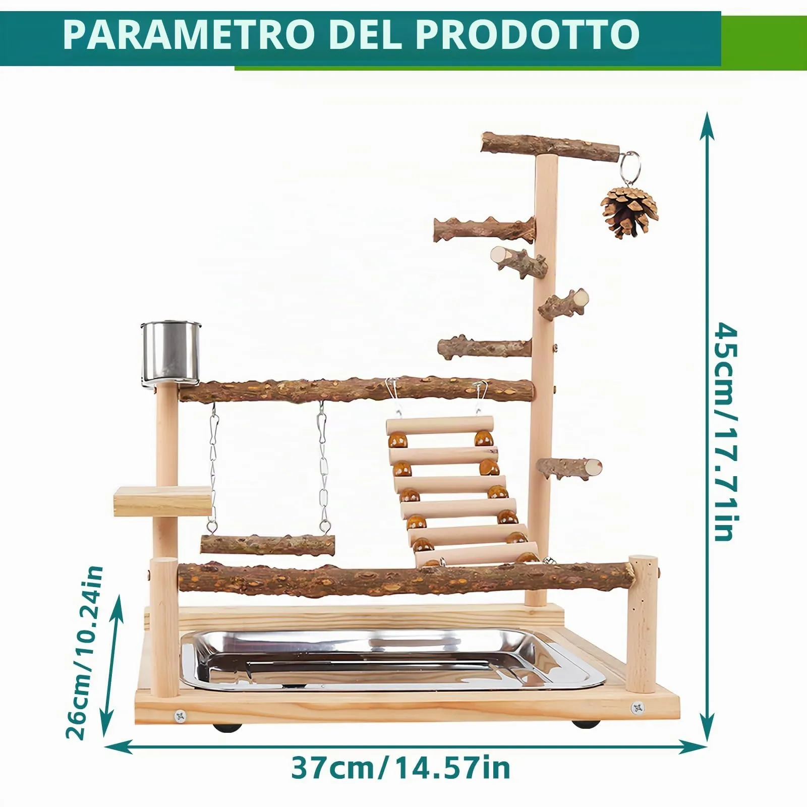 Parco Giochi Per Pappagalli, Supporto Per Uccelli, Supporto Per Pappagalli, Pappagallo Giocattoli Con Altalena Parco Giochi E Vassoio Alimentazione Scala Per Parrocchetti, Inseparabili 37x26x45CM - immagine 2