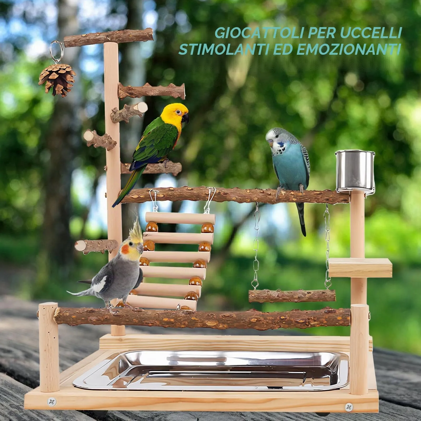 Parco Giochi Per Pappagalli, Supporto Per Uccelli, Supporto Per Pappagalli, Pappagallo Giocattoli Con Altalena Parco Giochi E Vassoio Alimentazione Scala Per Parrocchetti, Inseparabili 37x26x45CM - immagine 3