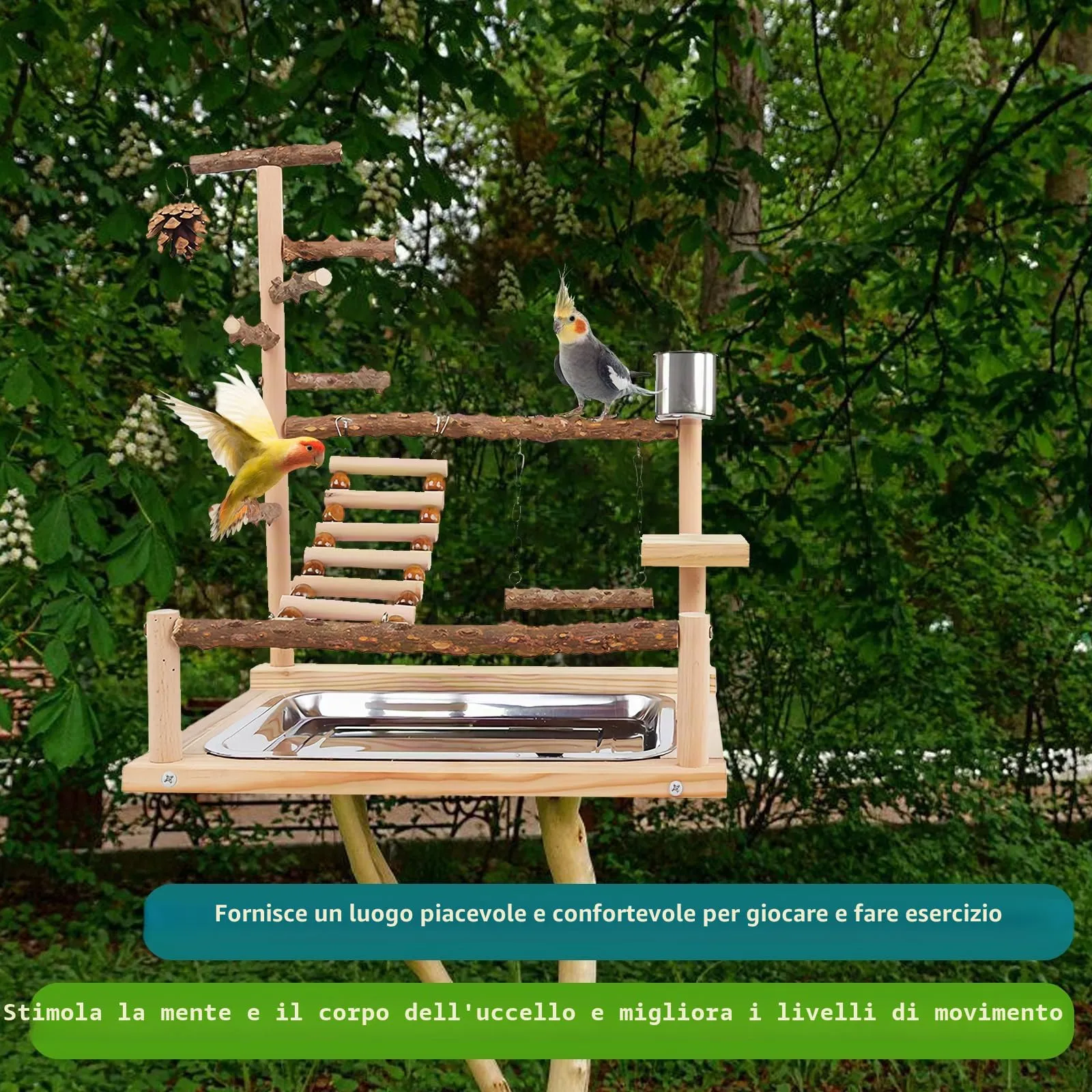 Parco Giochi Per Pappagalli, Supporto Per Uccelli, Supporto Per Pappagalli, Pappagallo Giocattoli Con Altalena Parco Giochi E Vassoio Alimentazione Scala Per Parrocchetti, Inseparabili 37x26x45CM - immagine 5