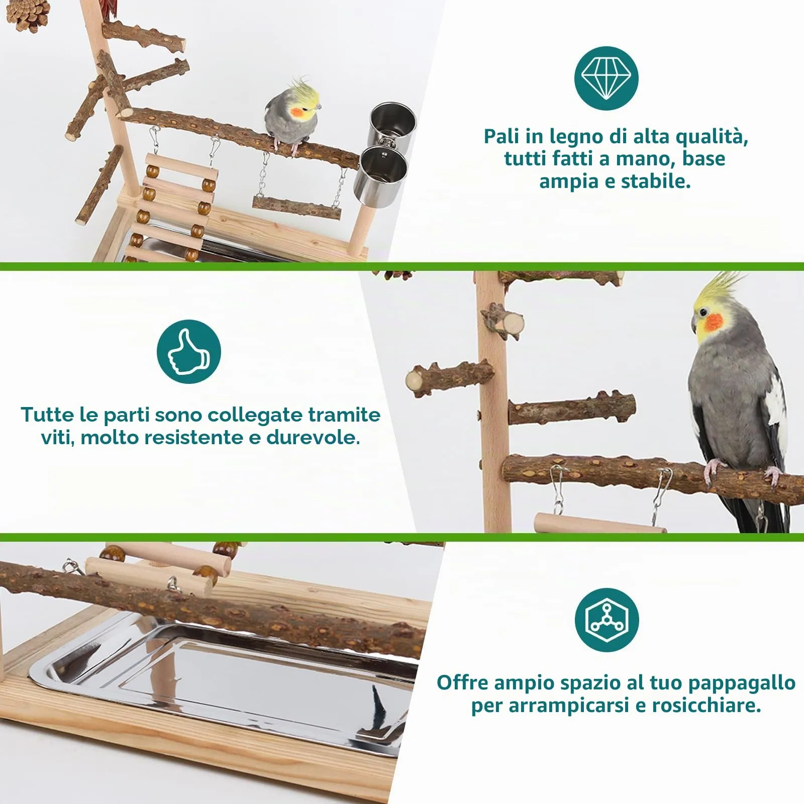 Parco Giochi Per Pappagalli, Supporto Per Uccelli, Supporto Per Pappagalli, Pappagallo Giocattoli Con Altalena Parco Giochi E Vassoio Alimentazione Scala Per Parrocchetti, Inseparabili 37x26x45CM - immagine 7