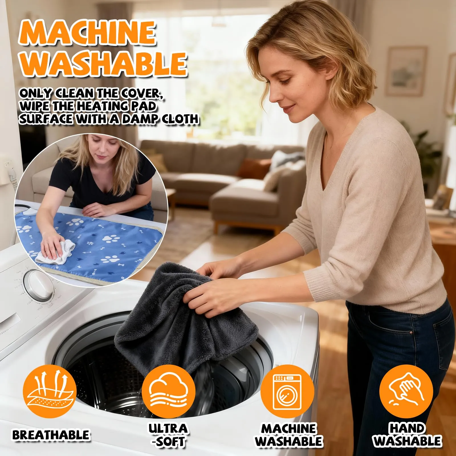 Qoosea Tappetino Riscaldante per Gatti e Cani 45x45cm, Tappeto Termico per Animali con 30-60°C Temperatura Regolabile e Timer, Cuscino Termico Elettrico Cane Sicuro con Cavo Anti-Morso - immagine 6
