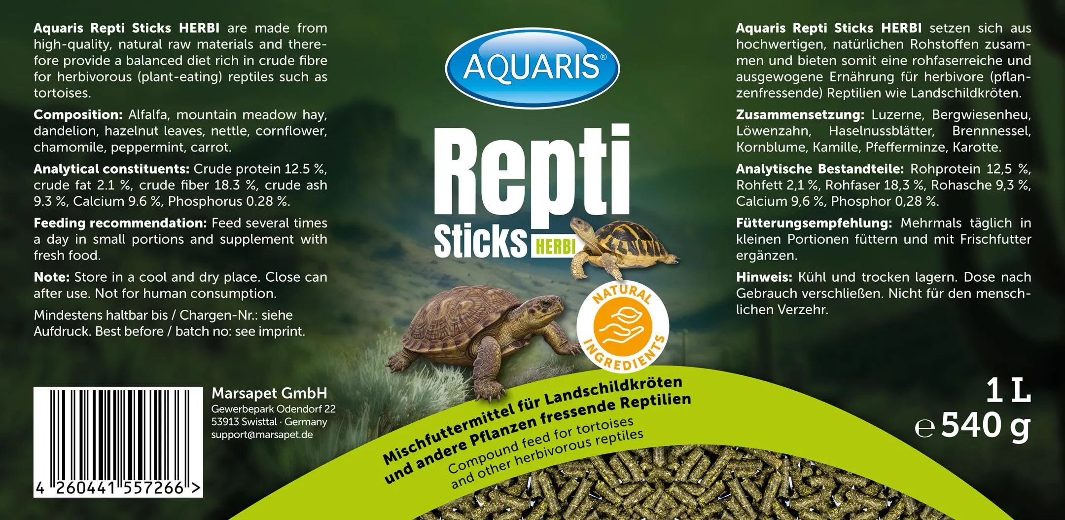 AQUARIS Repti Sticks Herbi – Mangime naturale per tartarughe di terra e rettili erbivori. Cibo completo vegetale, ricco di fibre e vitamine – 1 L - immagine 4