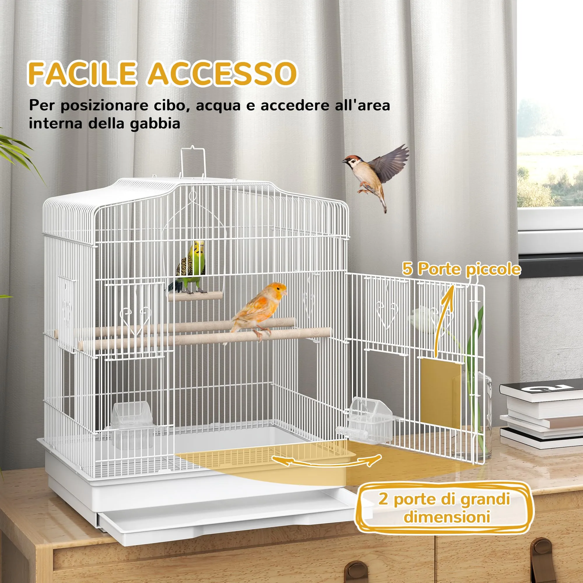 PawHut Gabbia per Uccelli Portatile per Pappagallini 46.5x36x59 cm Bianco - immagine 3
