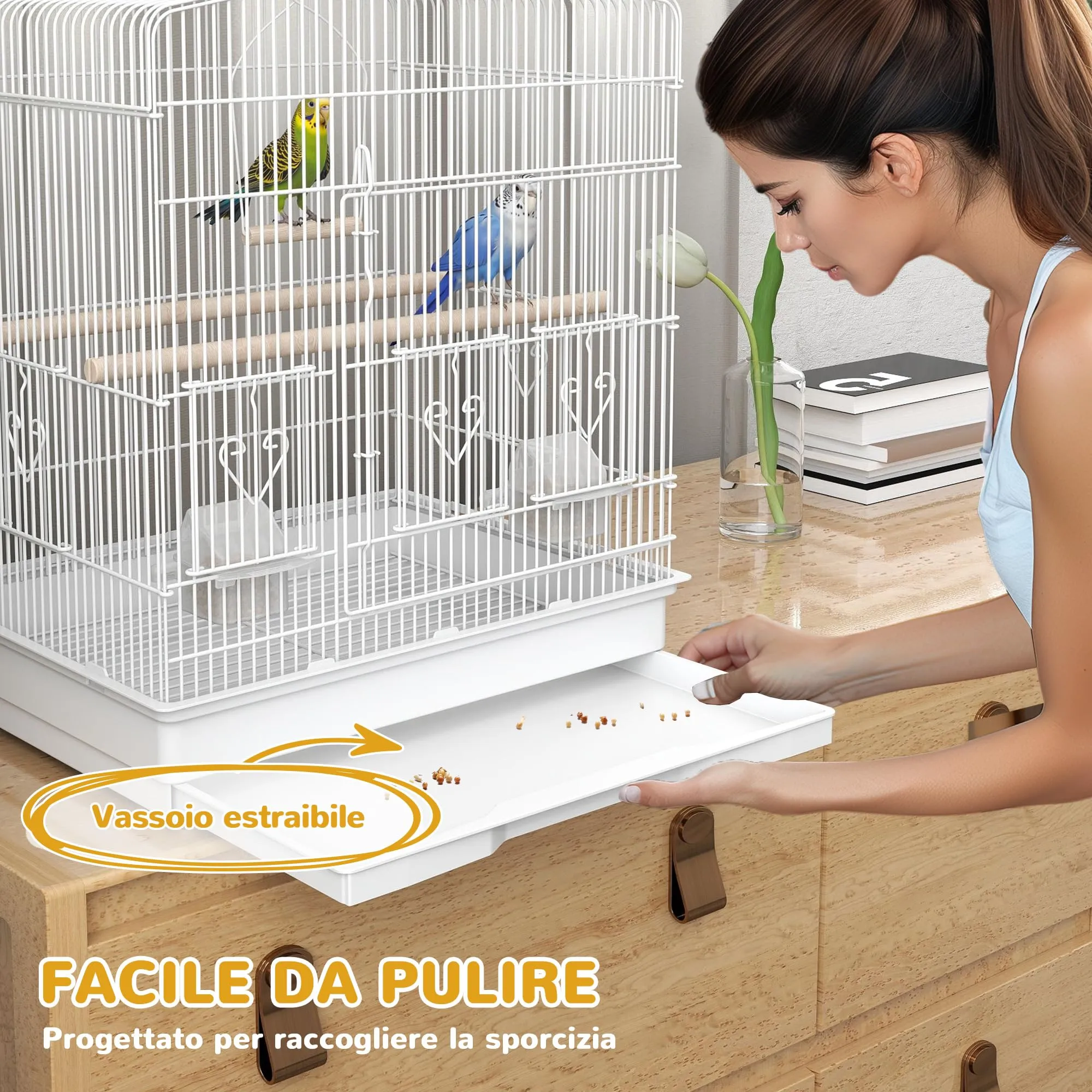 PawHut Gabbia per Uccelli Portatile per Pappagallini 46.5x36x59 cm Bianco - immagine 4