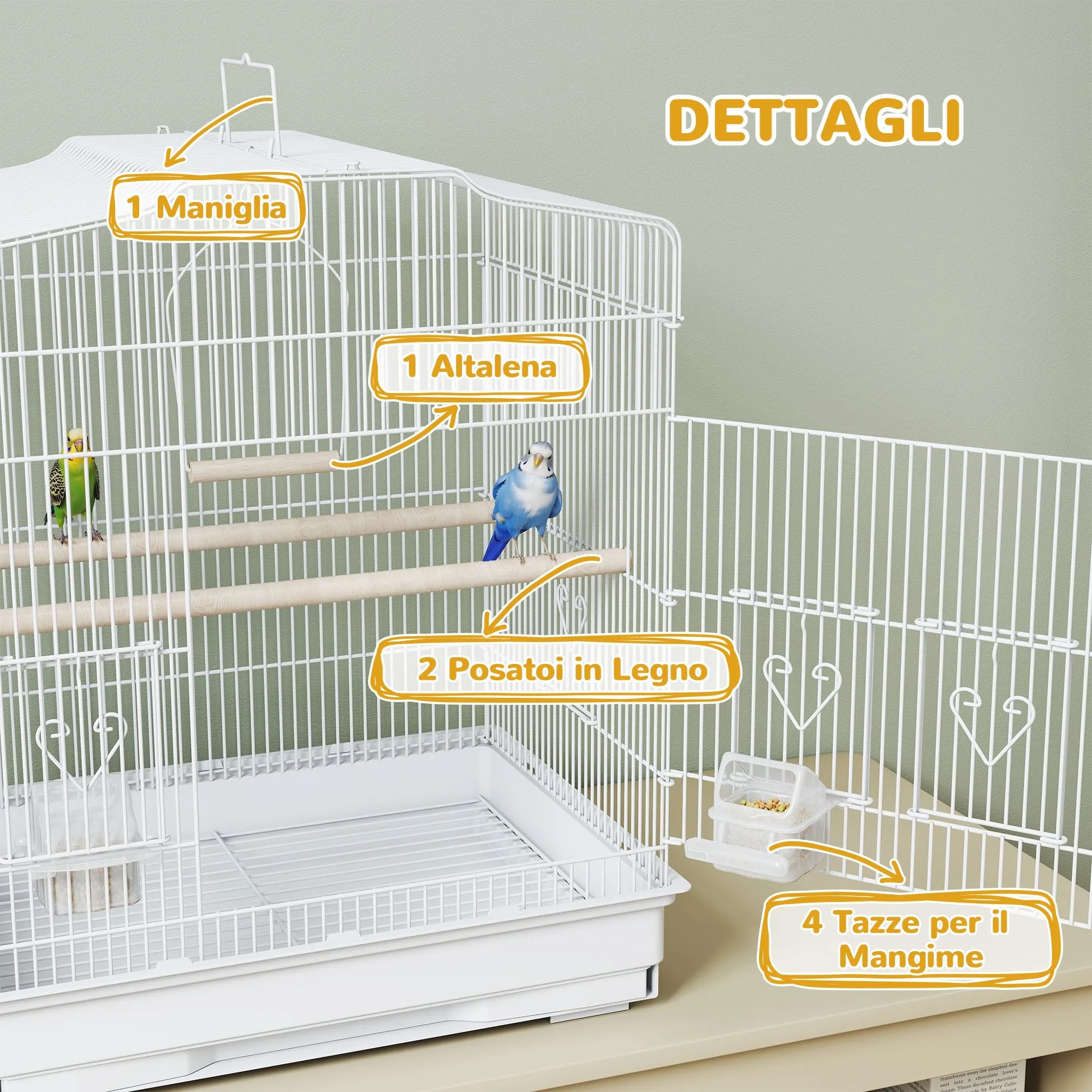 PawHut Gabbia per Uccelli Portatile per Pappagallini 46.5x36x59 cm Bianco - immagine 5