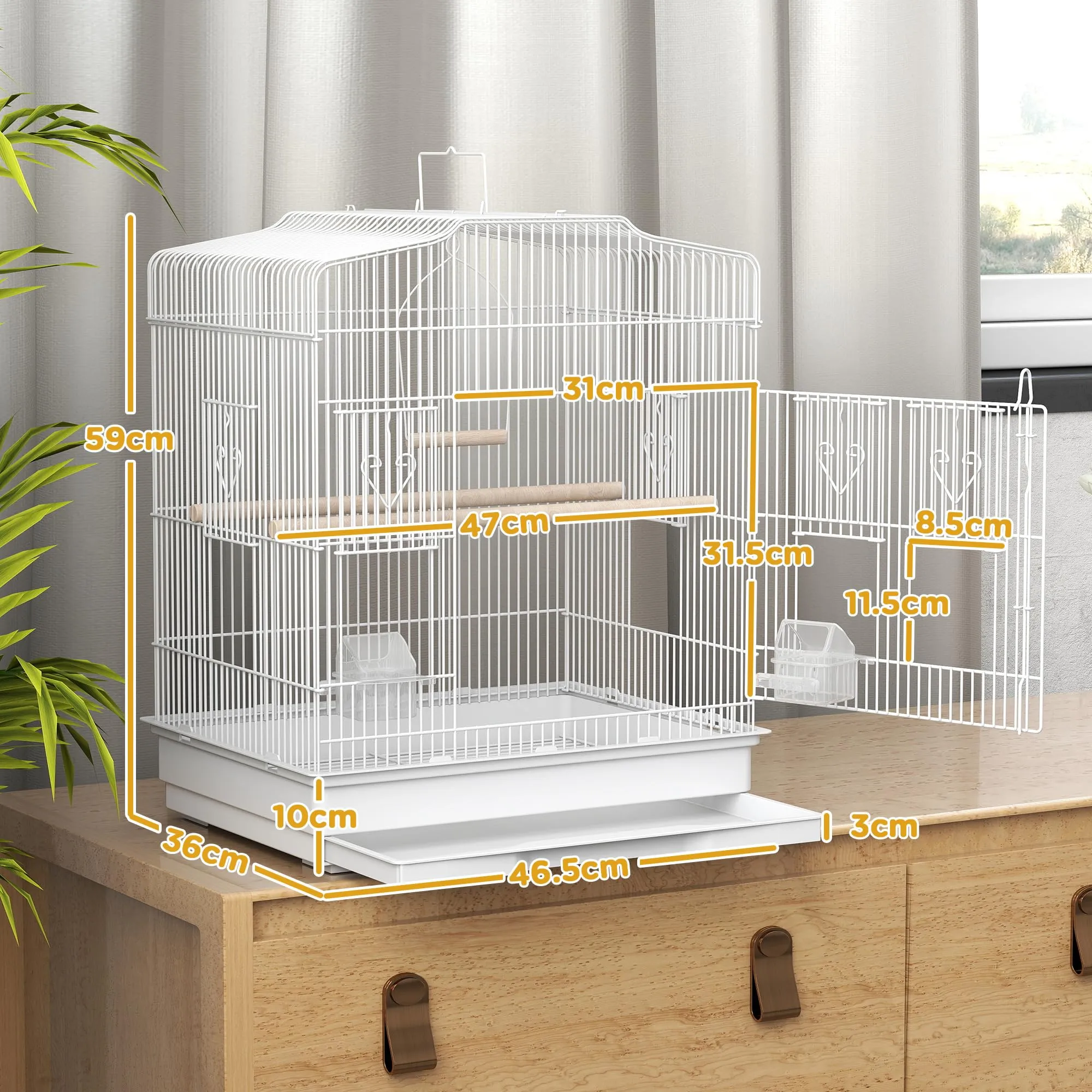 PawHut Gabbia per Uccelli Portatile per Pappagallini 46.5x36x59 cm Bianco - immagine 7