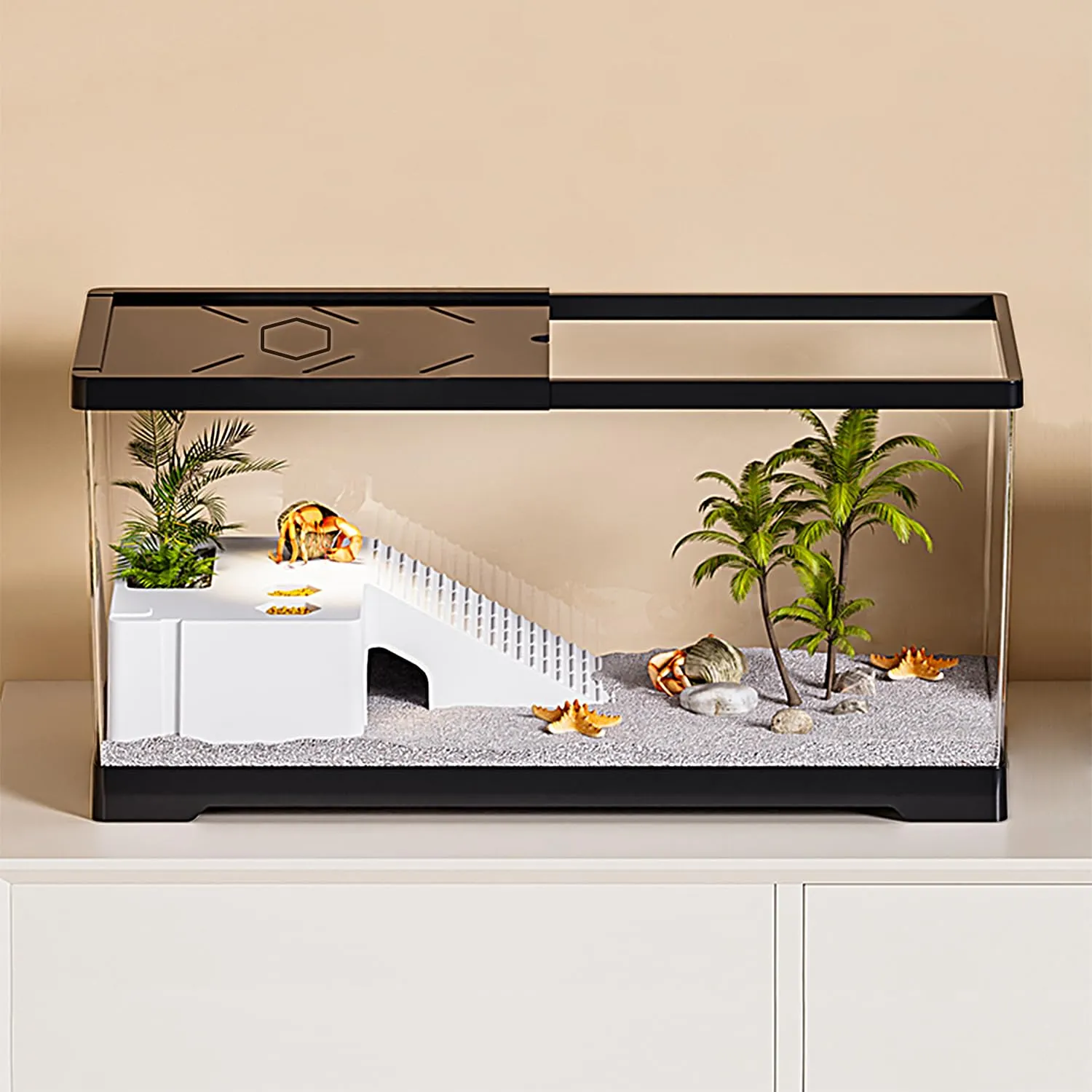 Acquario per tartarughe con piattaforma per prendere il sole e drenaggio inferiore, 50,8 x 24,1 x 24,1 cm, per tartarughe giovani, gamberi di fiume, granchi, anfibi, rettili, colore nero - immagine 1