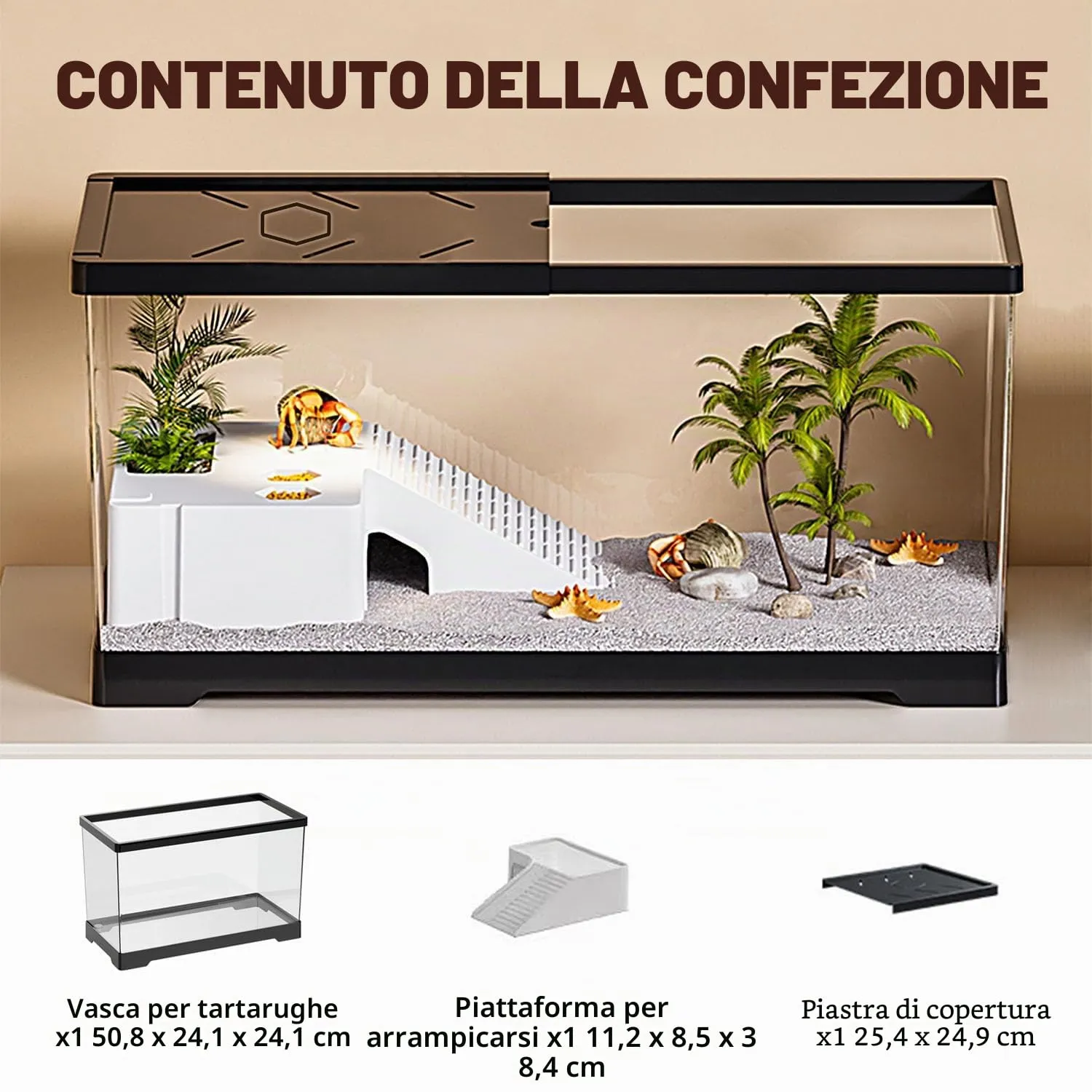 Acquario per tartarughe con piattaforma per prendere il sole e drenaggio inferiore, 50,8 x 24,1 x 24,1 cm, per tartarughe giovani, gamberi di fiume, granchi, anfibi, rettili, colore nero - immagine 2