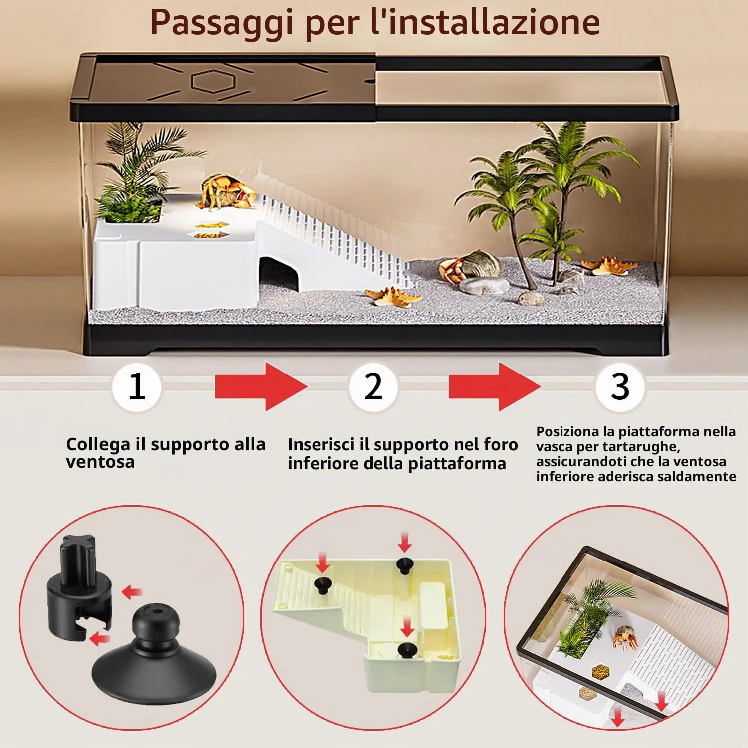 Acquario per tartarughe con piattaforma per prendere il sole e drenaggio inferiore, 50,8 x 24,1 x 24,1 cm, per tartarughe giovani, gamberi di fiume, granchi, anfibi, rettili, colore nero - immagine 3