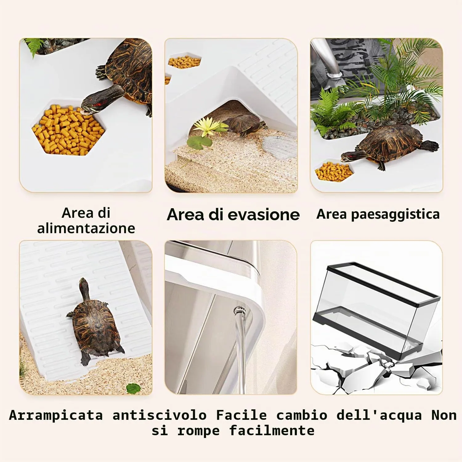 Acquario per tartarughe con piattaforma per prendere il sole e drenaggio inferiore, 50,8 x 24,1 x 24,1 cm, per tartarughe giovani, gamberi di fiume, granchi, anfibi, rettili, colore nero - immagine 4
