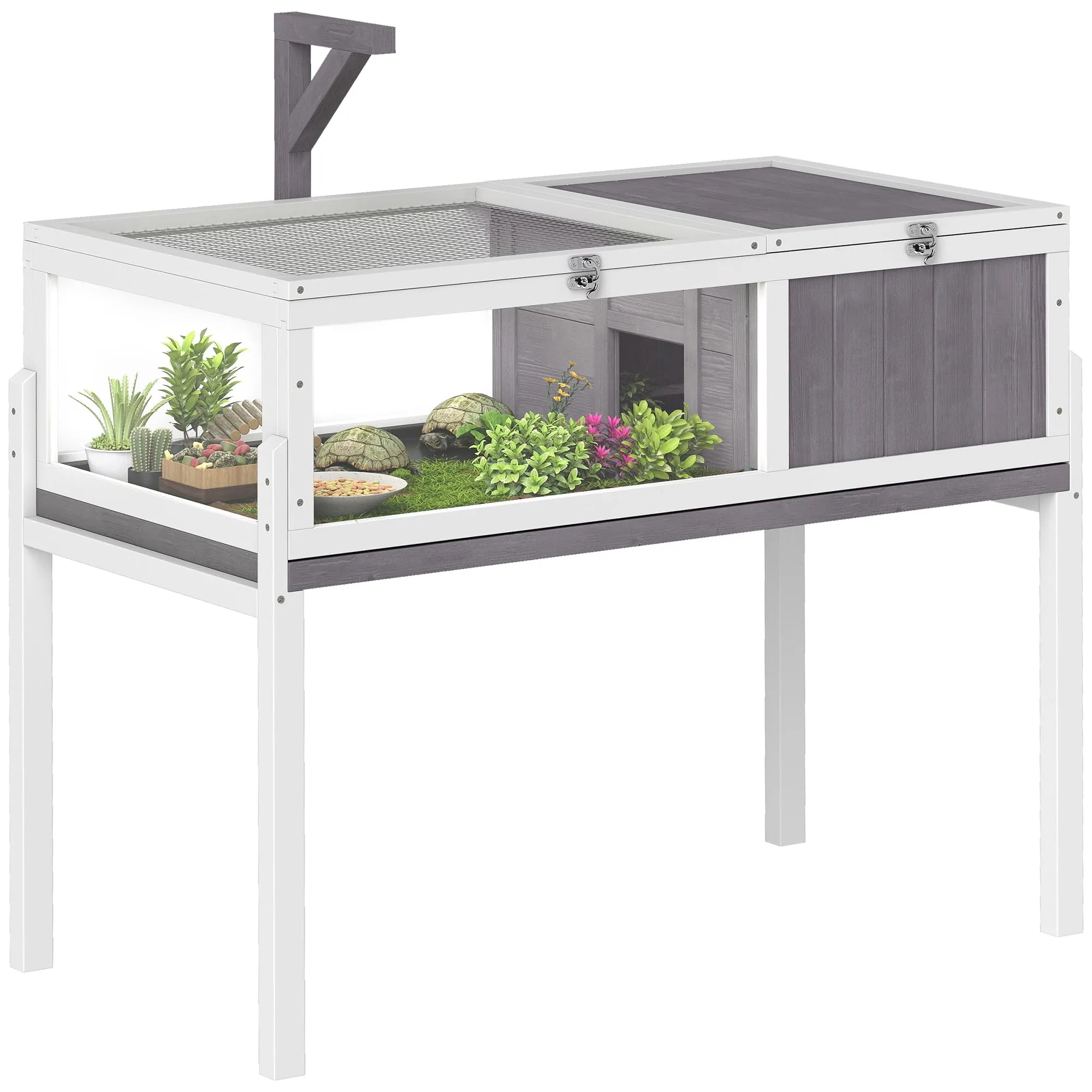 PawHut Casetta Tartarughe Rialzata Divisorio 104x53x82cm Grigio e Bianco - immagine 1
