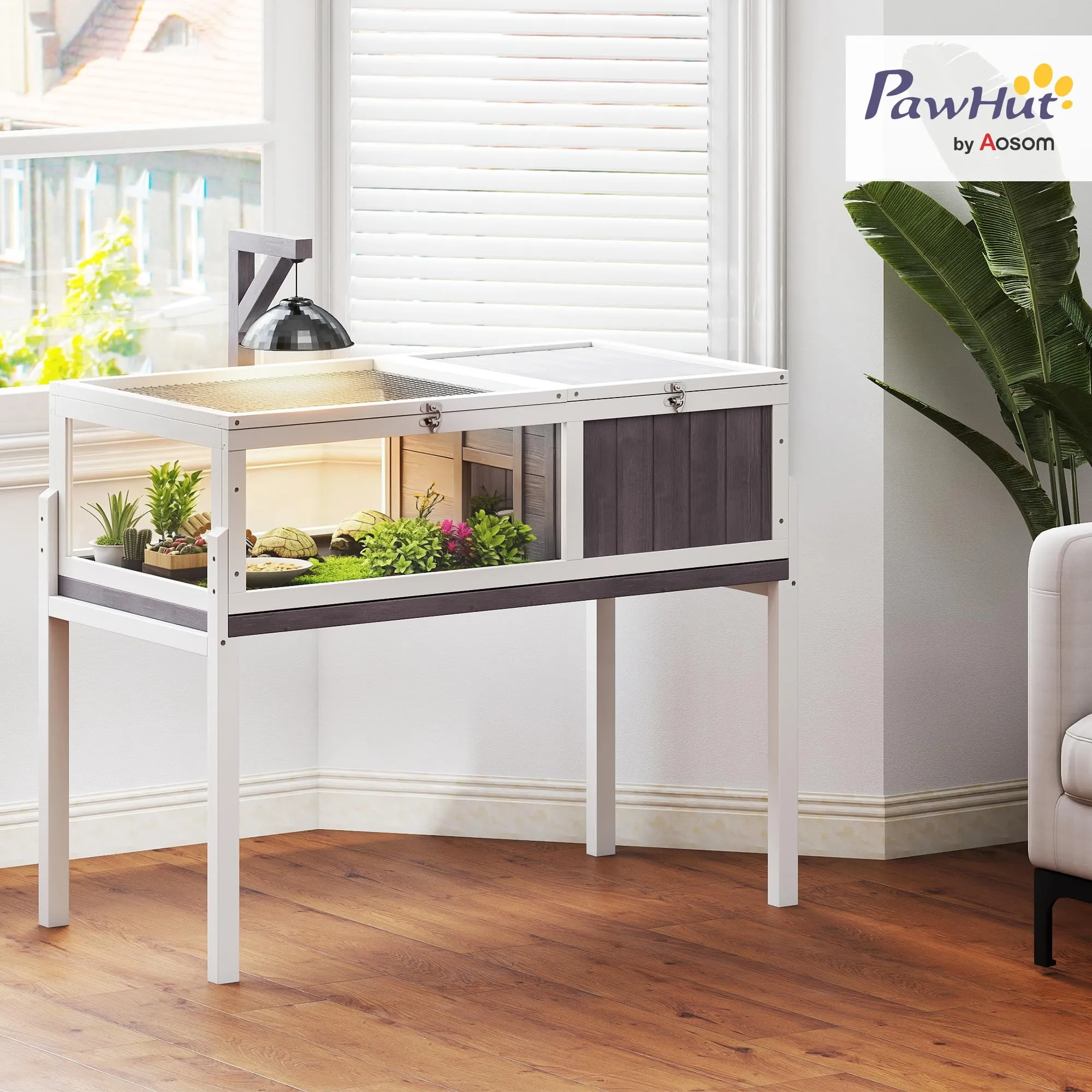 PawHut Casetta Tartarughe Rialzata Divisorio 104x53x82cm Grigio e Bianco - immagine 2
