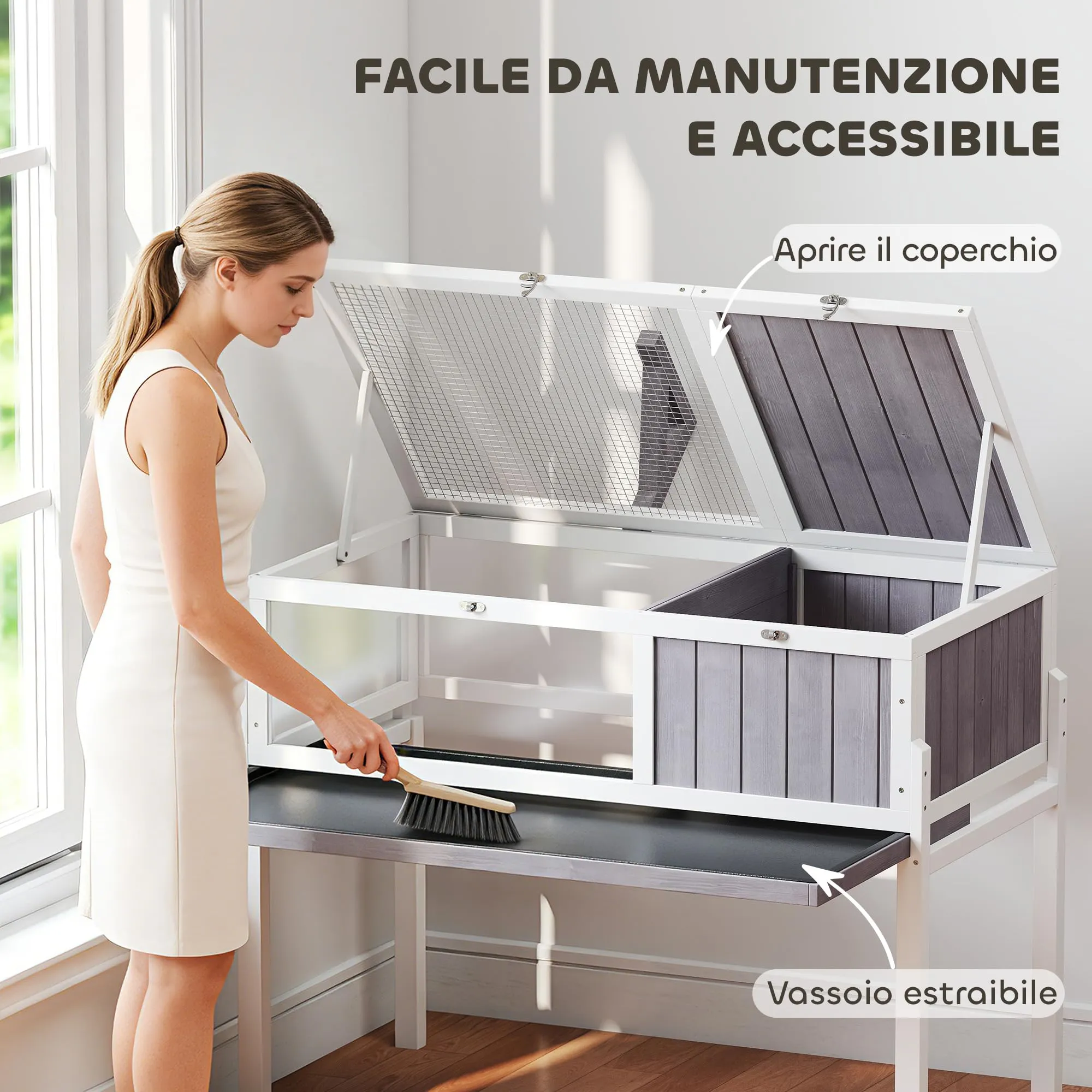 PawHut Casetta Tartarughe Rialzata Divisorio 104x53x82cm Grigio e Bianco - immagine 4