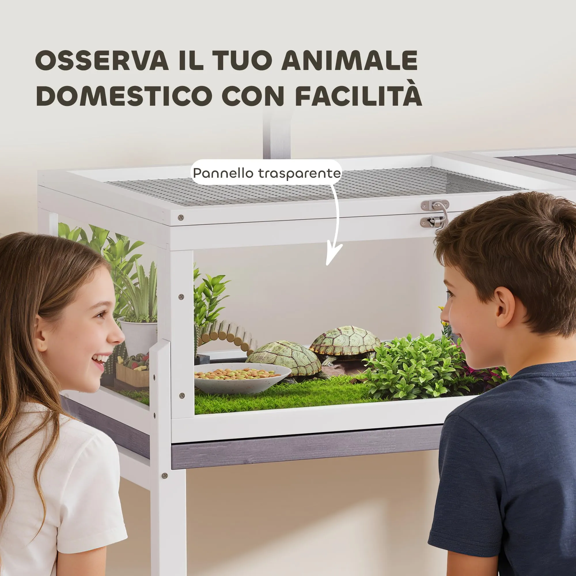 PawHut Casetta Tartarughe Rialzata Divisorio 104x53x82cm Grigio e Bianco - immagine 5